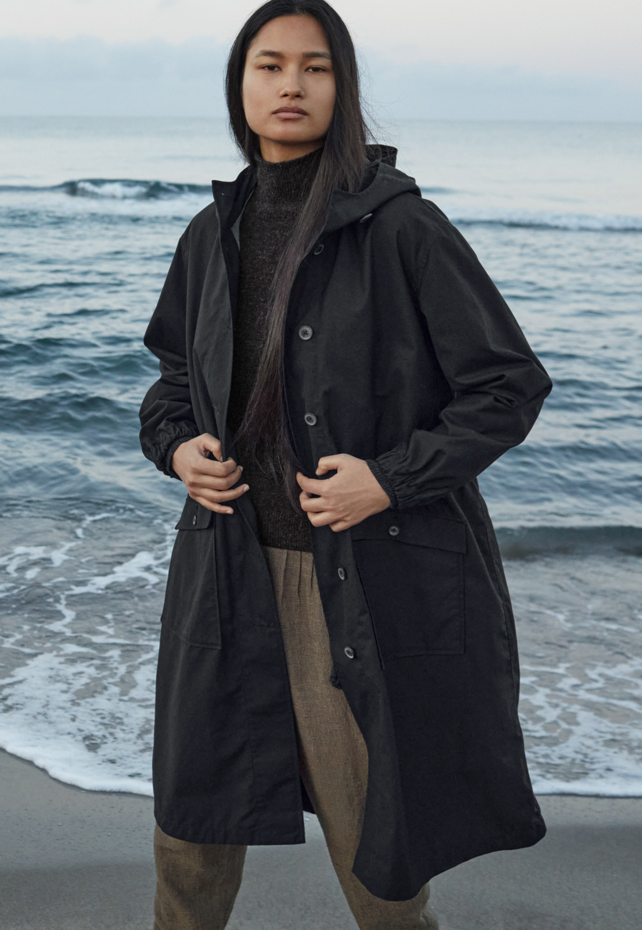 Waxed hooded coat
