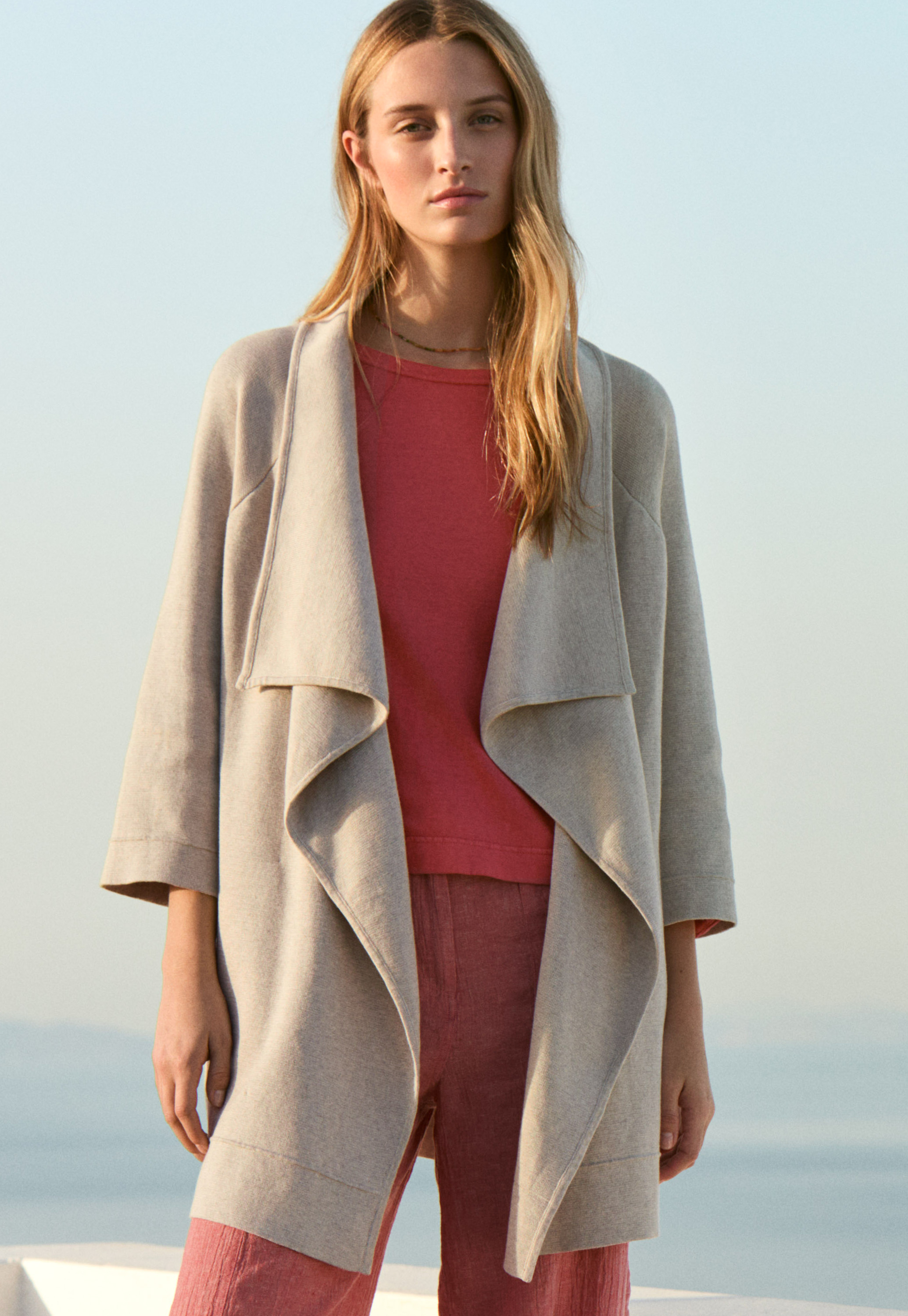 Knitted cotton waterfall-edge jacket