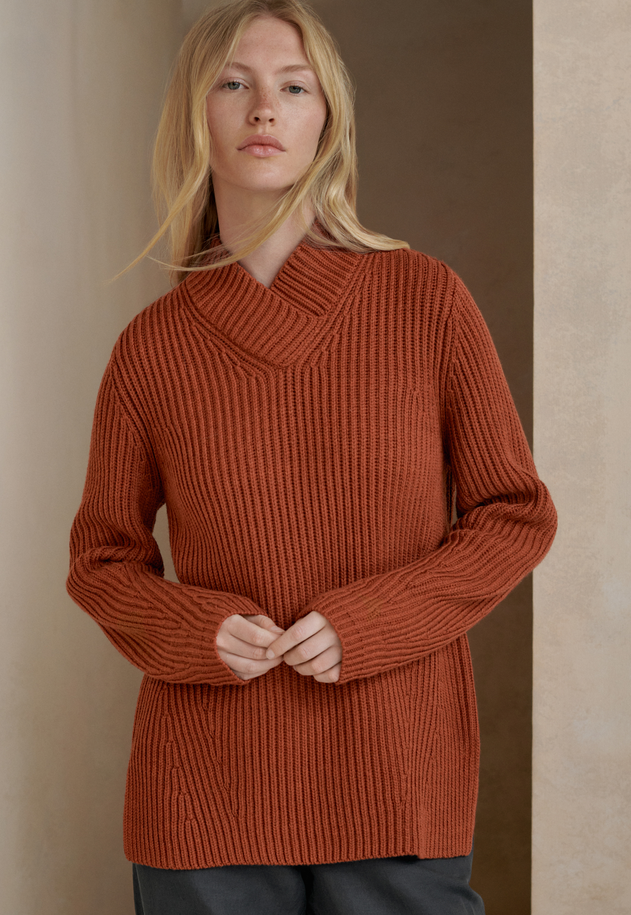 Wool & cotton long ribbed sweater