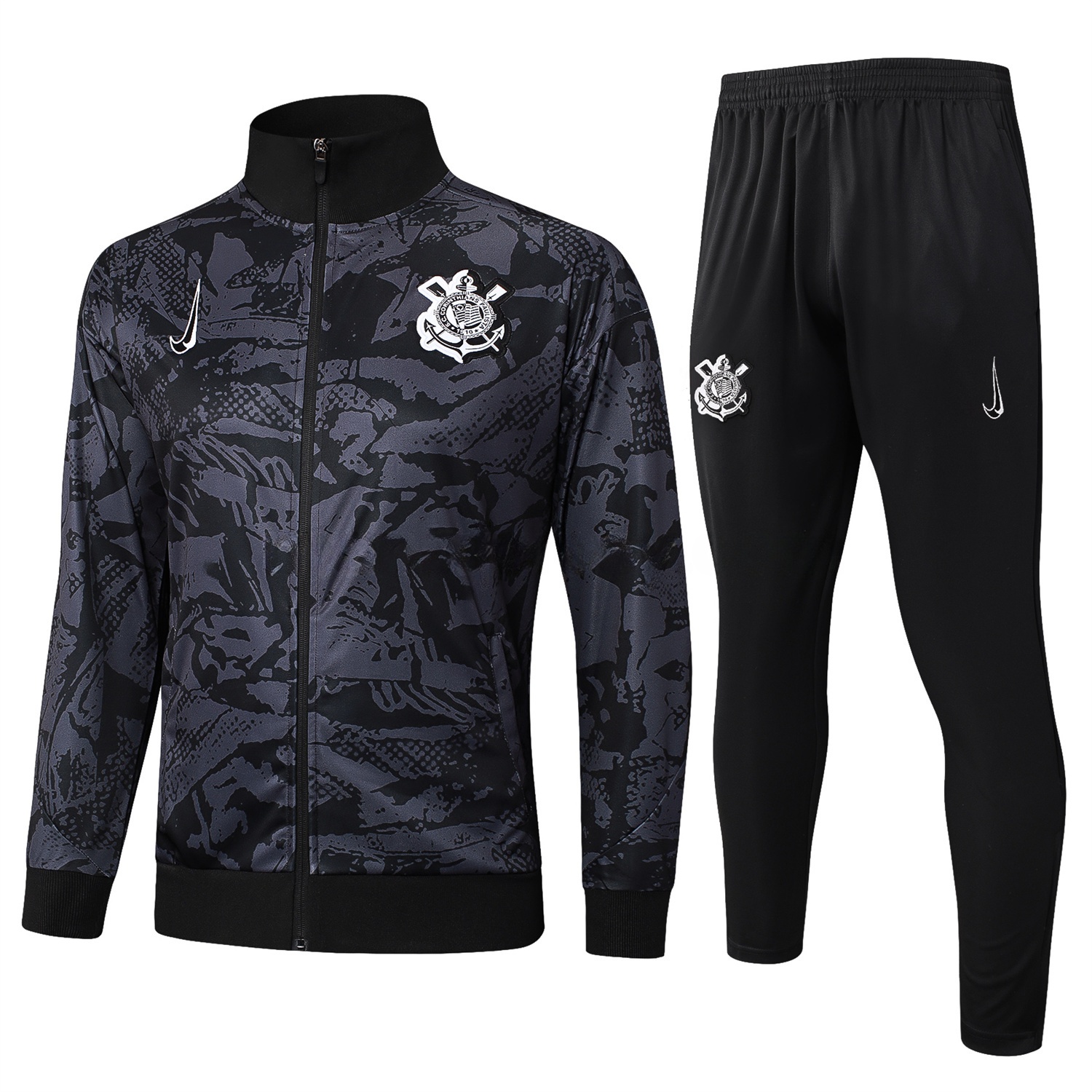 Corinthians 25-26 Jacket Training Tracksuit - Black and Gray Pattern Jackets & Black Pants - UnitedFutballJersey