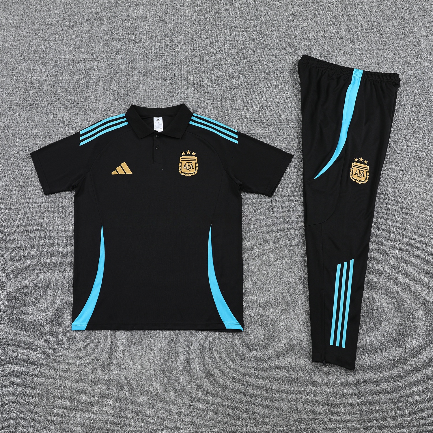 Argentina 25-26 POLO Short-Sleeve Training Set - Deep Blue Top and Pants with Blue Stripes - UnitedFutballJersey