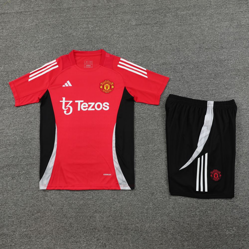 Manchester United 24-25 Short-Sleeve Training Set - Red Top and Black Shorts - UnitedFutballJersey