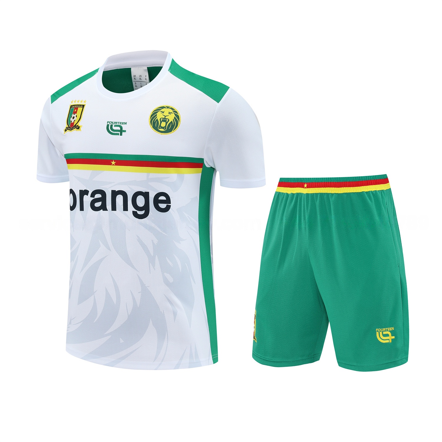 Cameroon 25-26 Short-Sleeve Training Set - White Top and Green Shorts - UnitedFutballJersey