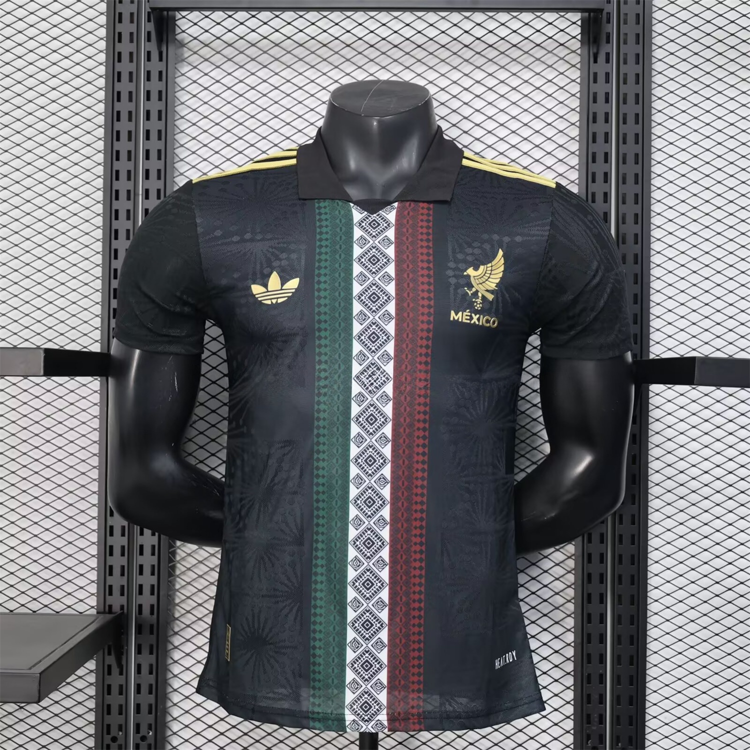 Mexico 25-26 Black Polo Jersey with Red White and Green Decorative Pattern - Player Version - UnitedFutballJersey