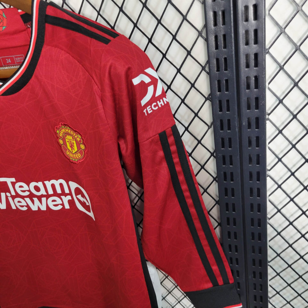Manchester United 23-24 Home Stadium Long Sleeve Kids Kit - UnitedFutballJersey