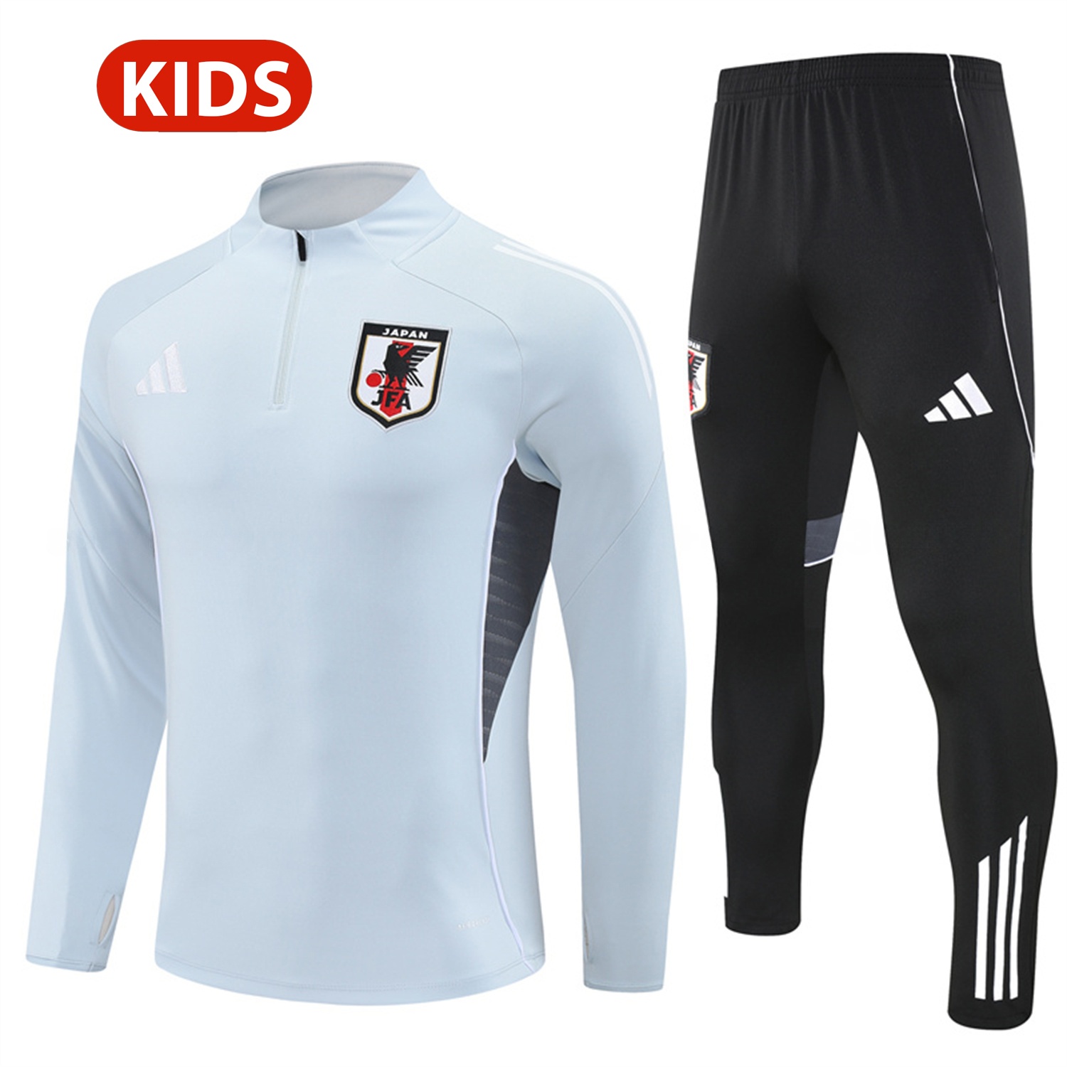 Japan 25-26 Kids Long Sleeve Training Set - Light Grey Top and Black Pants - UnitedFutballJersey