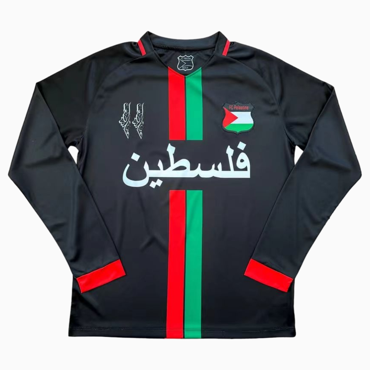 FC Palestina 24-25 Black Centre Striped Long Sleeve Jersey with Arabic and Pattern - UnitedFutballJersey