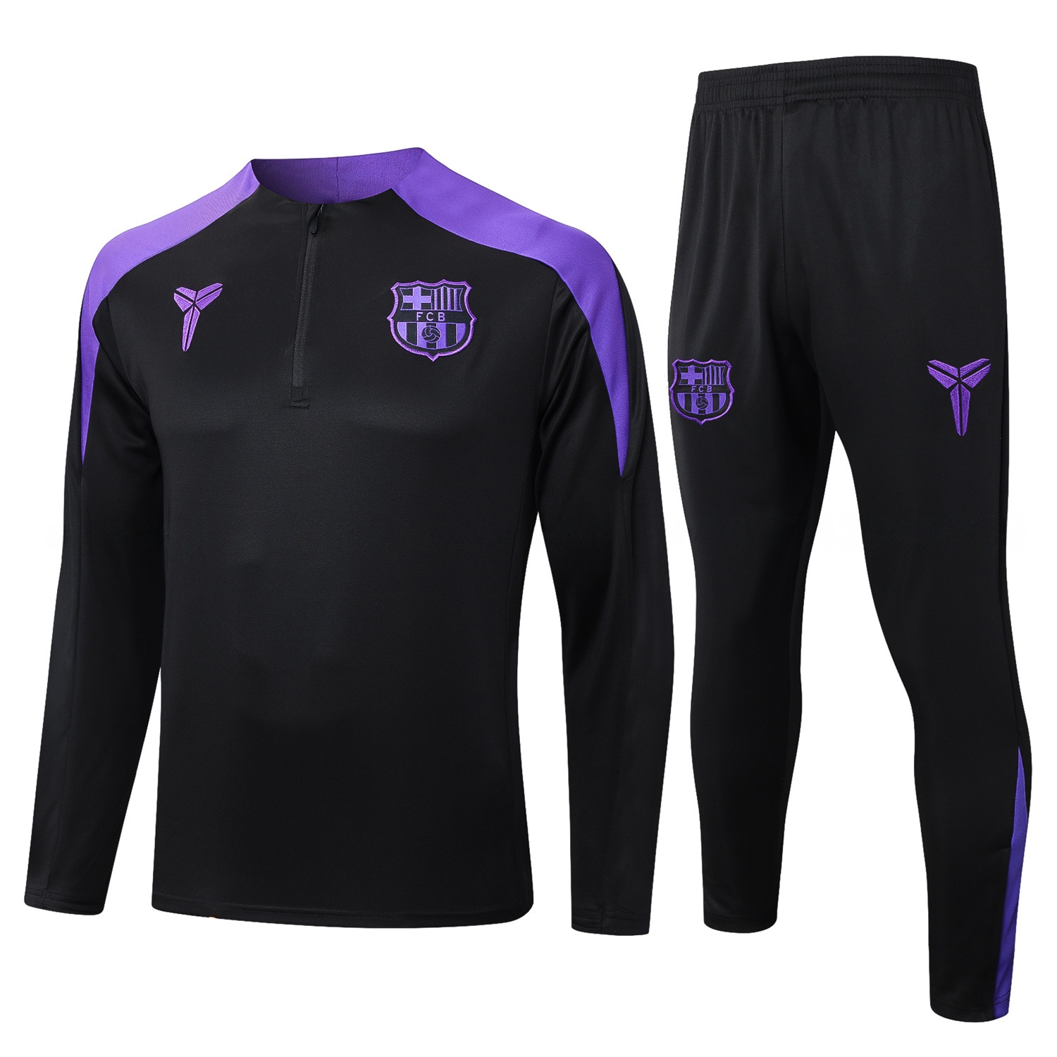Barcelona X KB 25-26 Long Sleeve Training Set - Black Top with Purple Badge and Black Pants - UnitedFutballJersey