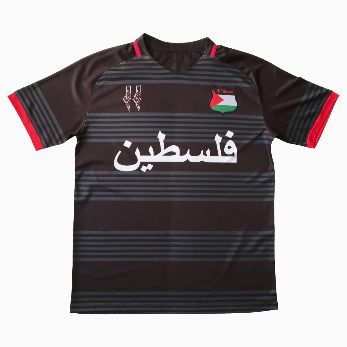 FC Palestina 24-25 Black and Grey Striped Jersey with Arabic and Pattern - UnitedFutballJersey