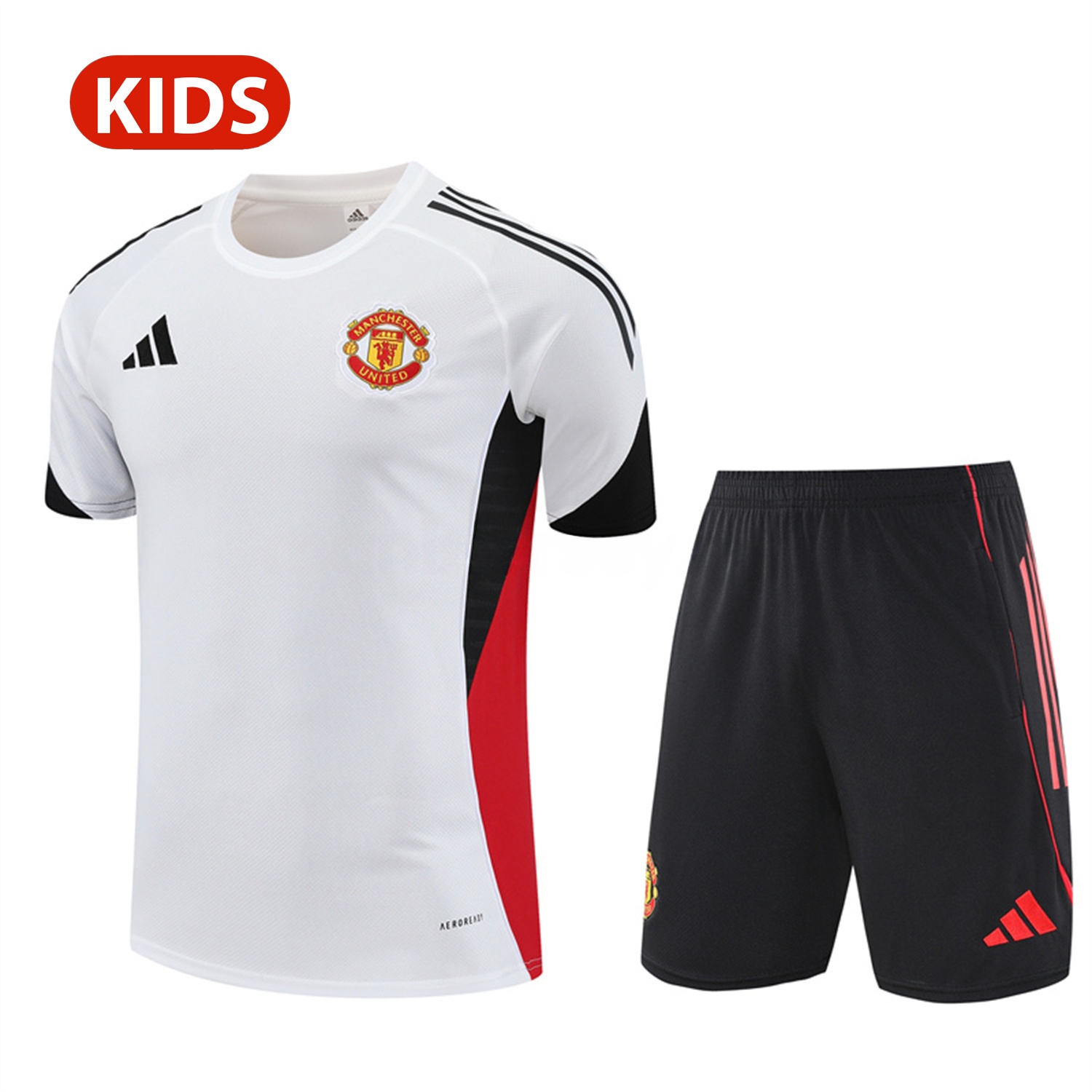 Manchester United 25-26 Kid Short-Sleeve Training Set - White Top & Black Shorts - UnitedFutballJersey