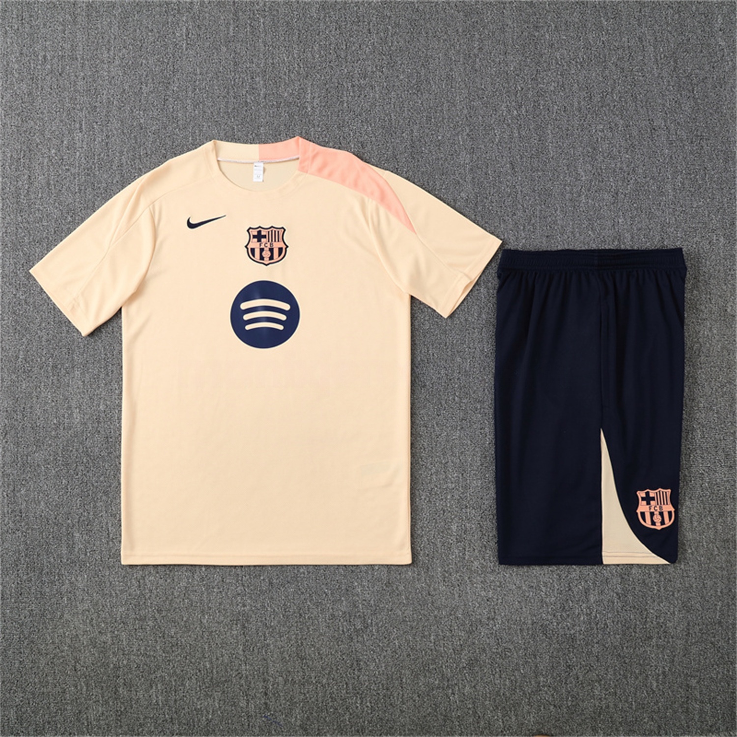 Barcelona 25-26 Kids Short-Sleeve Training Set - Beige Top & Blue Shorts - UnitedFutballJersey