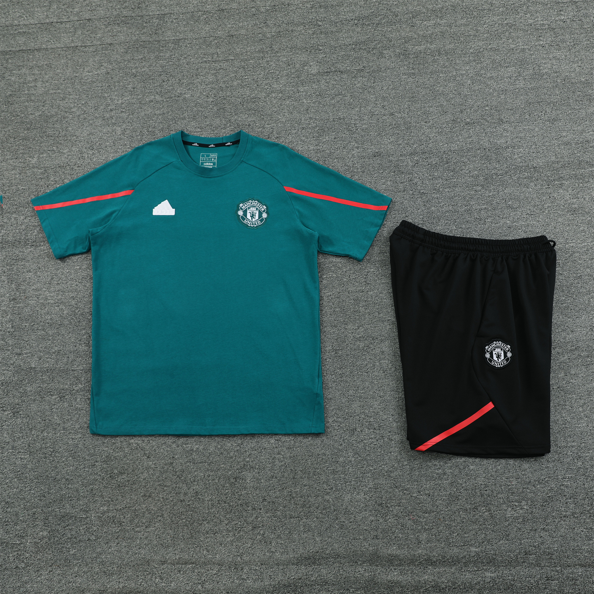 Manchester United 24-25 Short-Sleeve Training Set - Deep Green Top & Grey Shorts - UnitedFutballJersey