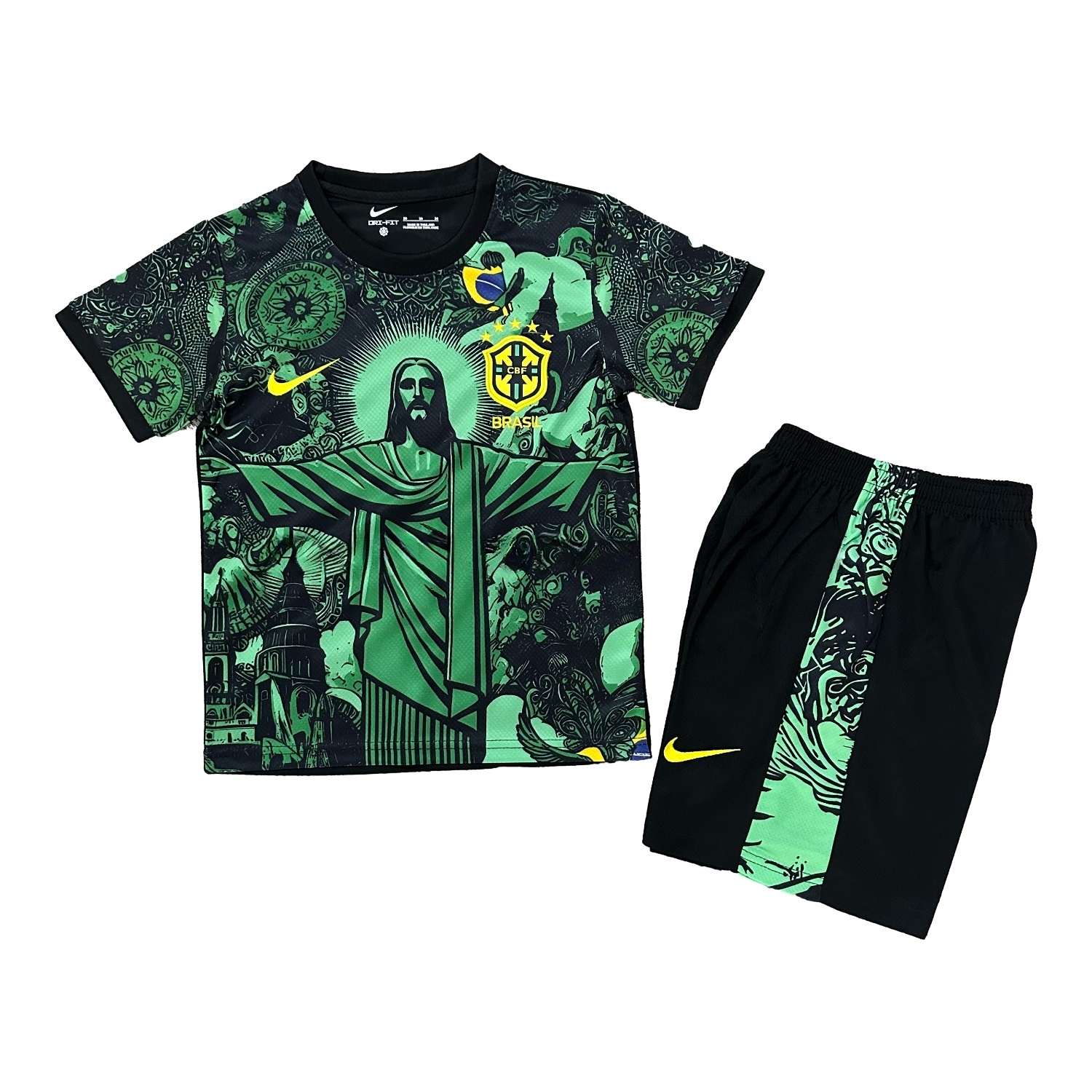 Brazil 25-26 Christ the Redeemer Statue Kids Kit - Green - UnitedFutballJersey