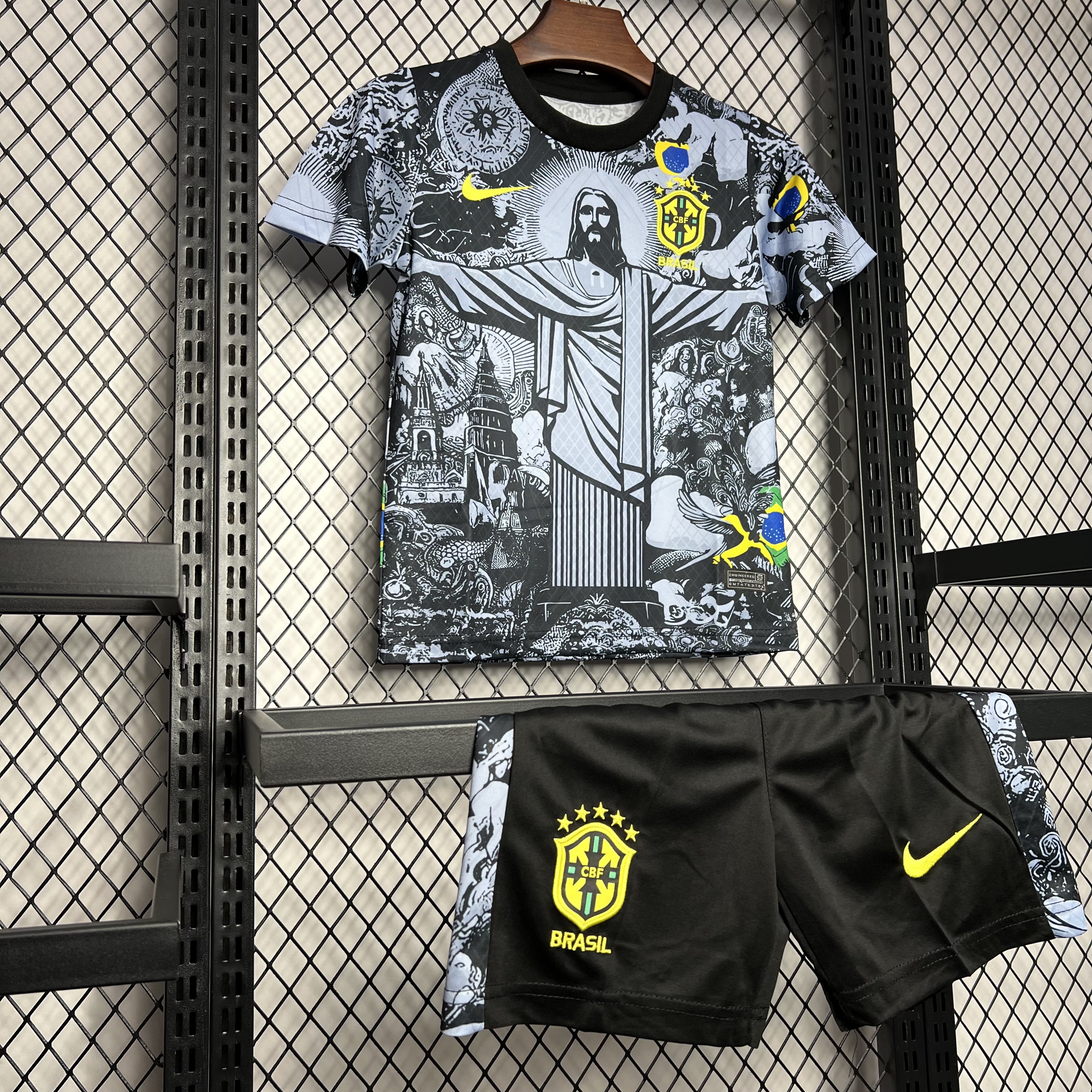Brazil 2024 Christ the Redeemer Statue Kids Kit - Black - UnitedFutballJersey