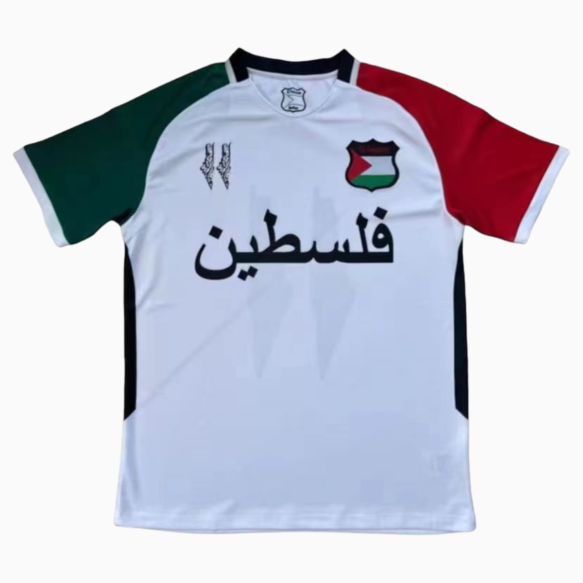 FC Palestina 24-25 White Jersey with Blue and Red Sleeves, Arabic and Pattern - UnitedFutballJersey