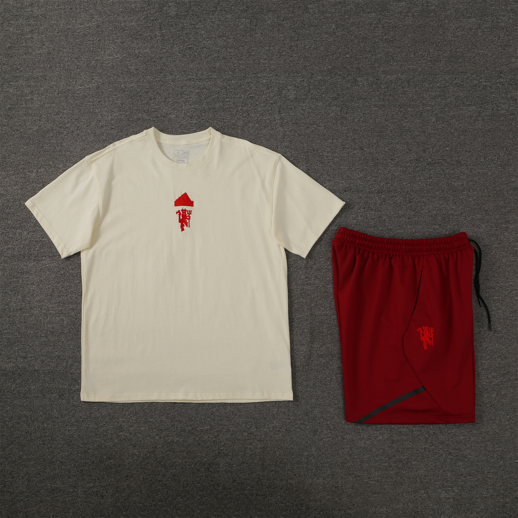 Manchester United 24-25 Short-Sleeve Training Set - Milky White Top & Red Shorts - UnitedFutballJersey