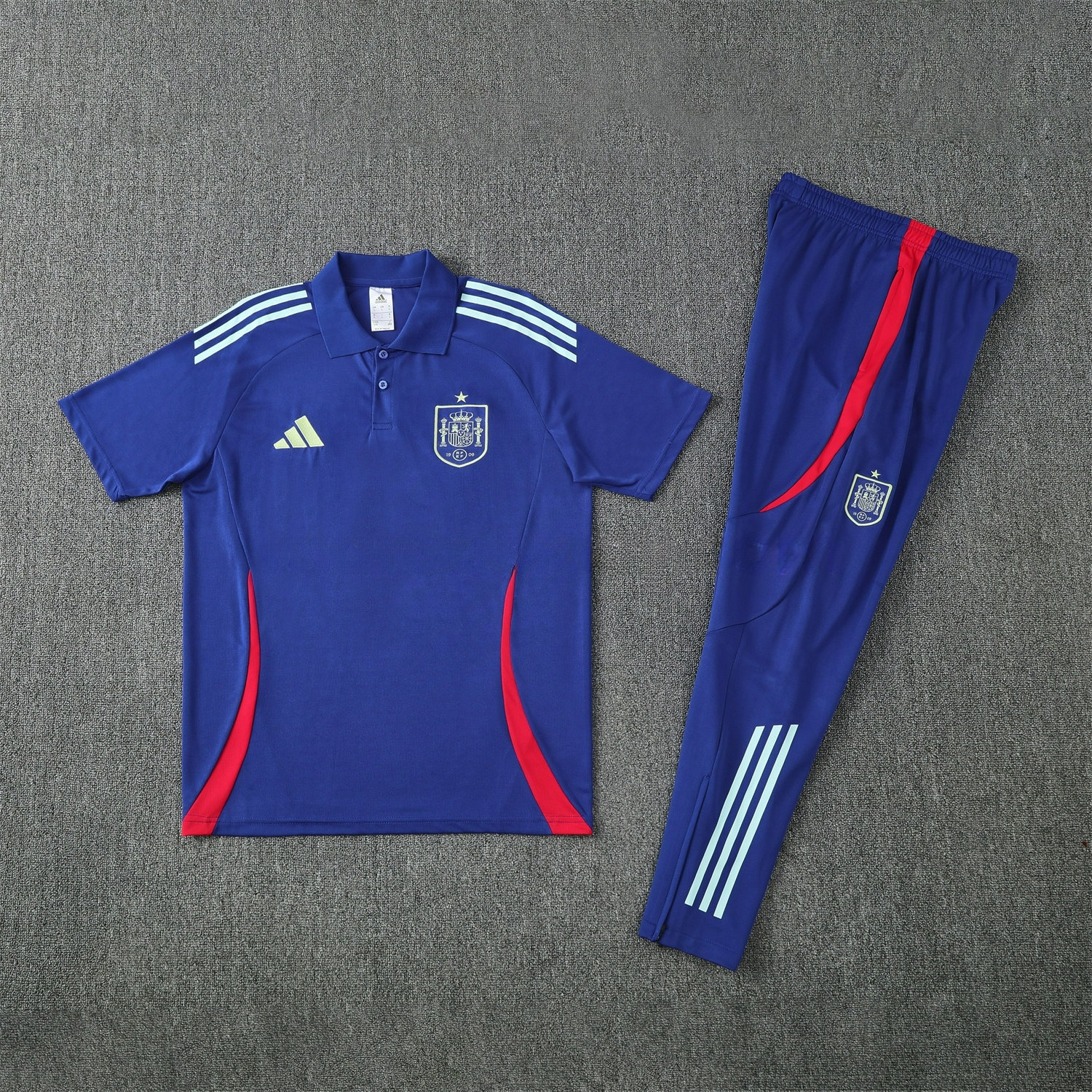 Spain 25-26 POLO Short-Sleeve Training Set - Royal Blue Top and Pants - UnitedFutballJersey