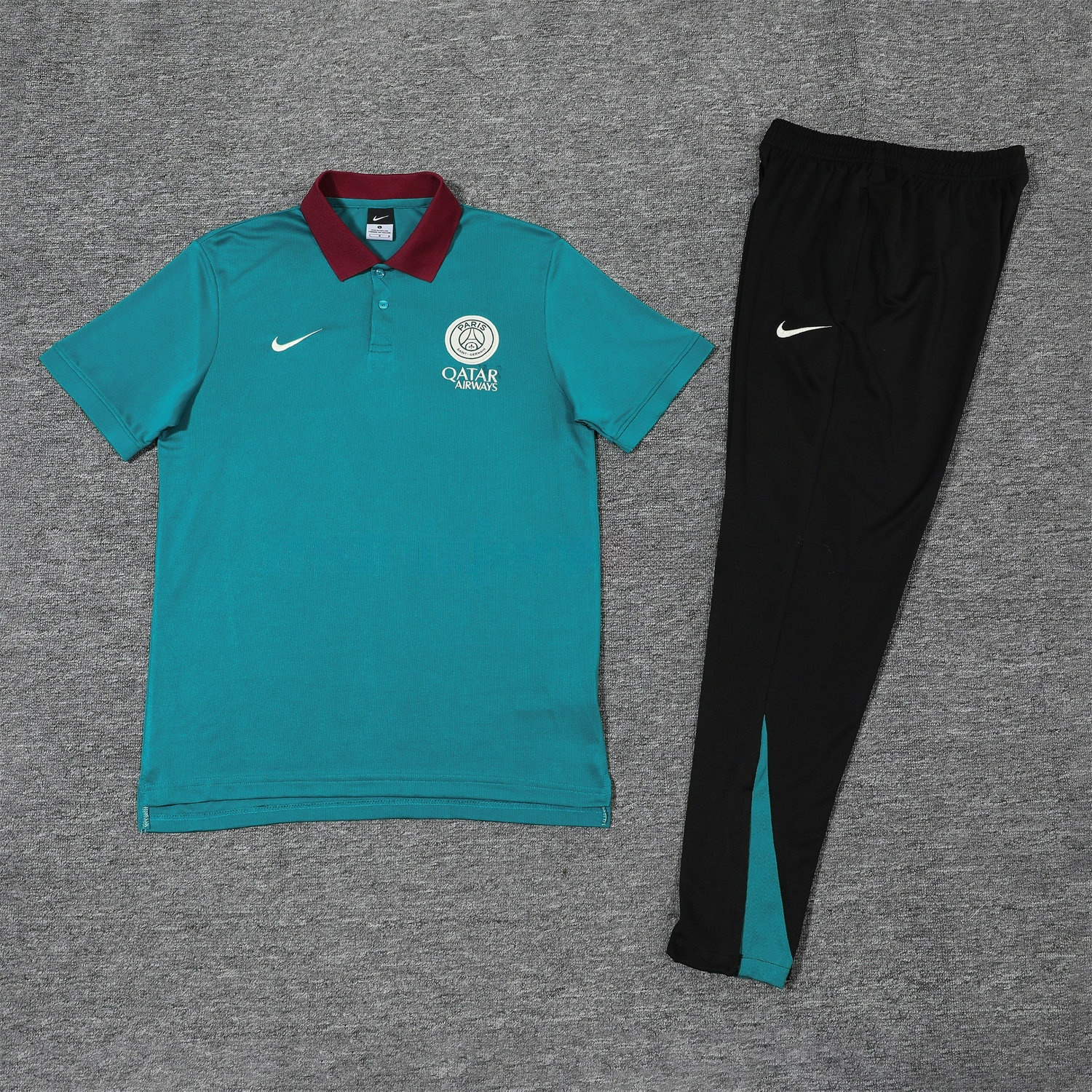 Paris Saint-Germain PSG 25-26 POLO Short-Sleeve Training Set - Blue Green Top and Black Pants - UnitedFutballJersey