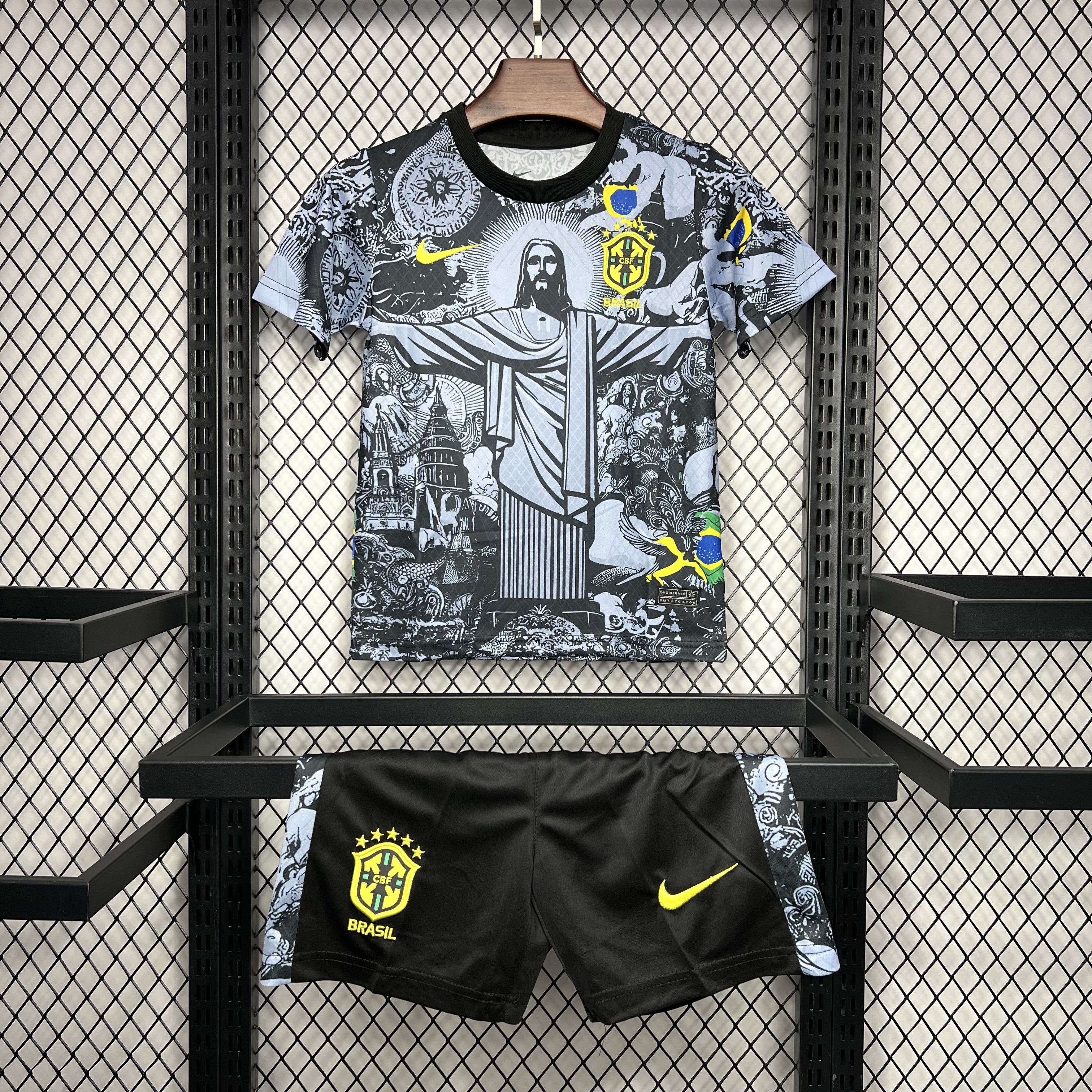 Brazil 2024 Christ the Redeemer Statue Kids Kit - Black - UnitedFutballJersey