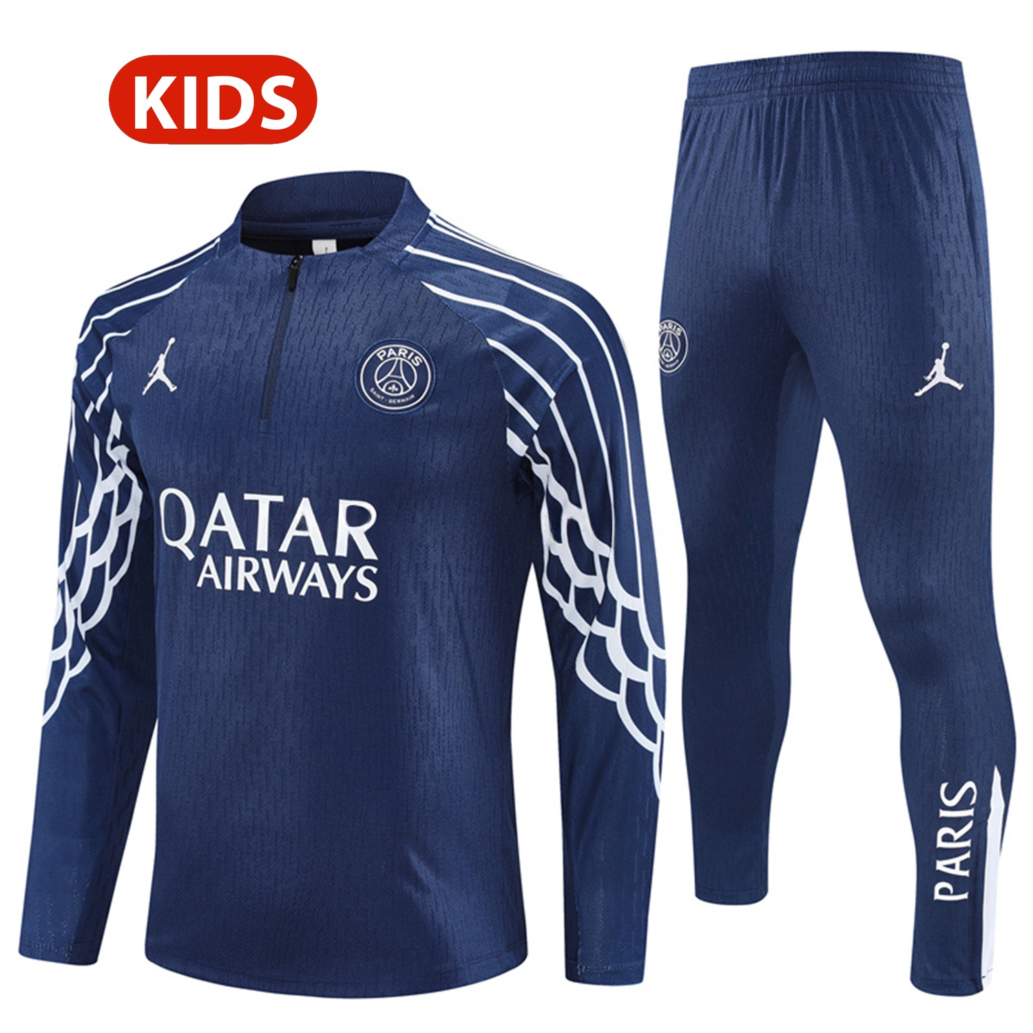 Paris Saint-Germain PSG 25-26 Kids Long Sleeve Training Set - JD White Wing Royal Blue Top and Pants - UnitedFutballJersey