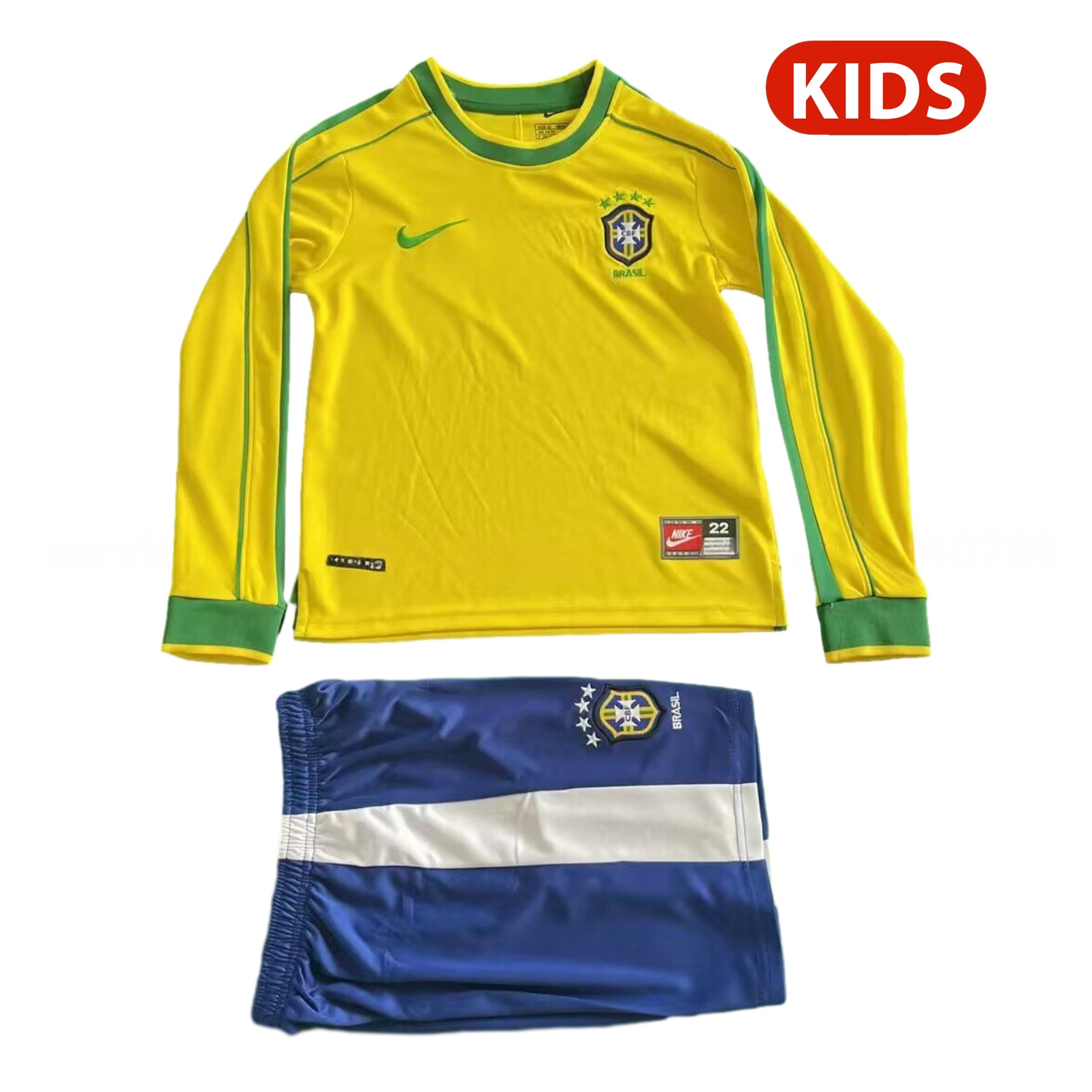 Retro Brazil 1998 Home Long Sleeves Kids Kit - UnitedFutballJersey