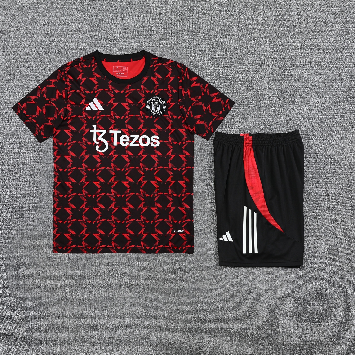 Manchester United 25-26 Pre-Match Short-Sleeve Training Set - Red Top & Black Shorts - UnitedFutballJersey