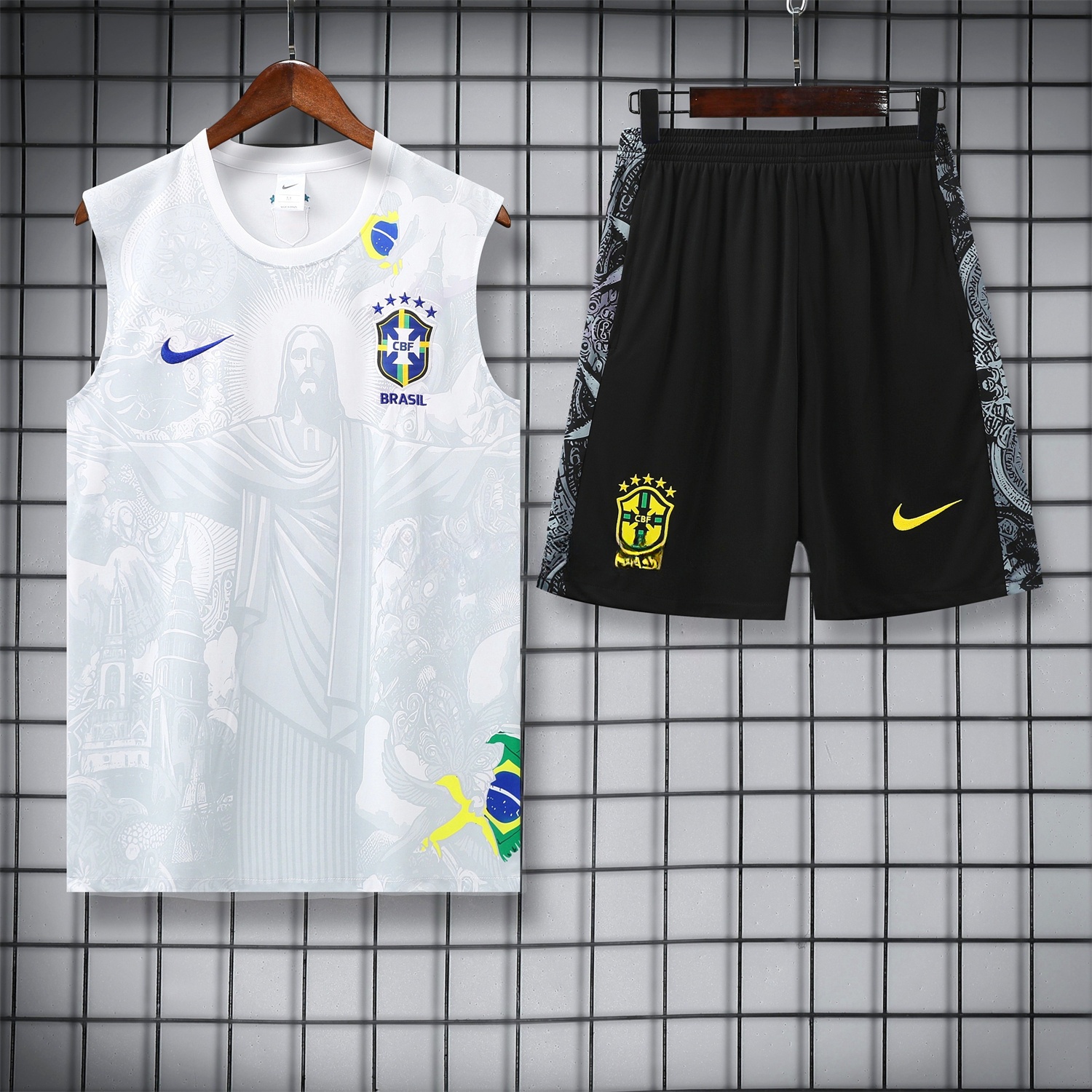 Brazil 25-26 White Jesus Statue Vest Training Set - White Vest & Black Shorts - UnitedFutballJersey