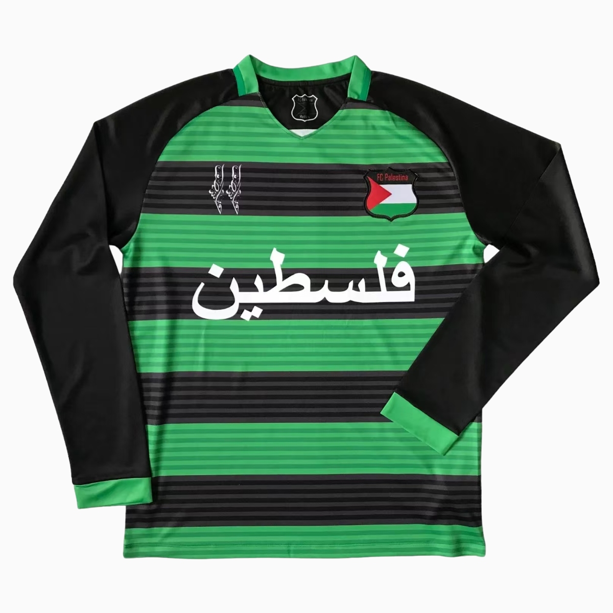 FC Palestina 24 - 25 Black and Green Horizontal Striped Long Sleeve Jersey - With Arabic and Patterns - UnitedFutballJersey