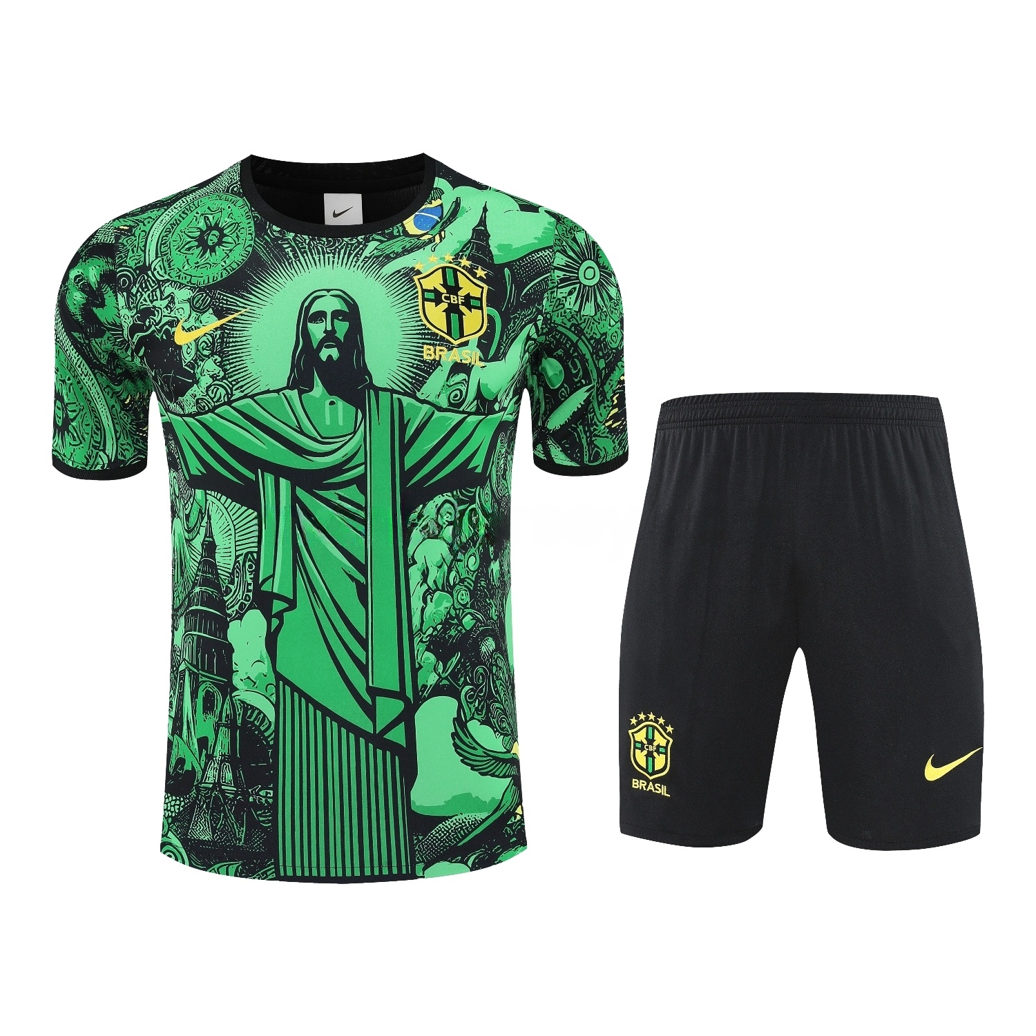 Brazil 25-26 Green Jesus Statue Short-Sleeve Training Set - Green Top & Black Shorts - UnitedFutballJersey