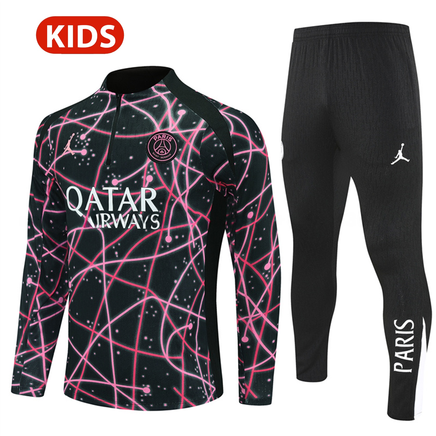 Paris Saint-Germain PSG 25-26 Kids Long Sleeve Training Set - JD Black Pink Top and Black Pants - UnitedFutballJersey