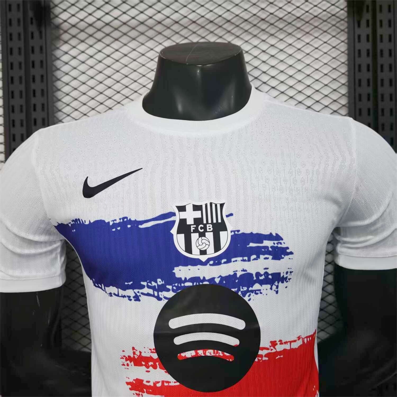 Barcelona 25-26 White Jersey with Red Blue Ink Horizontal Stripes Jersey - Player Version - UnitedFutballJersey