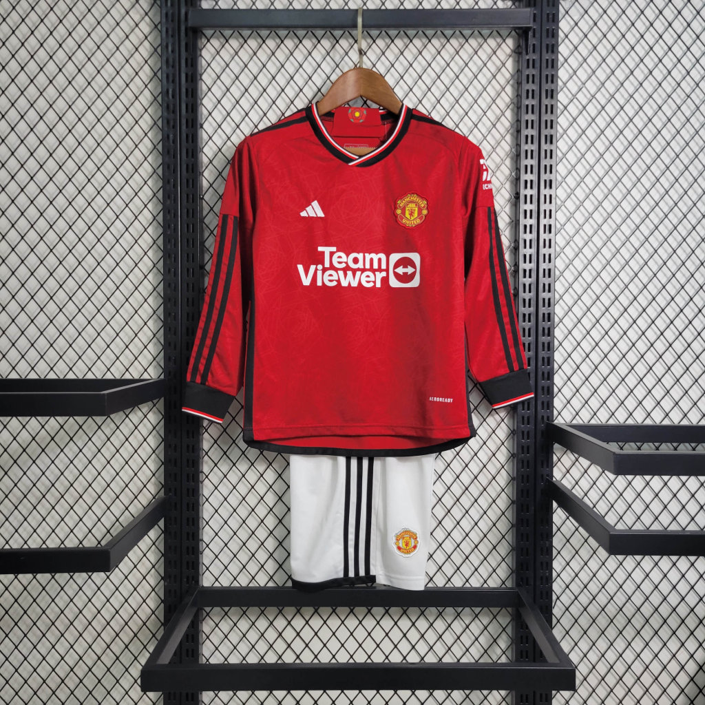 Manchester United 23-24 Home Stadium Long Sleeve Kids Kit - UnitedFutballJersey