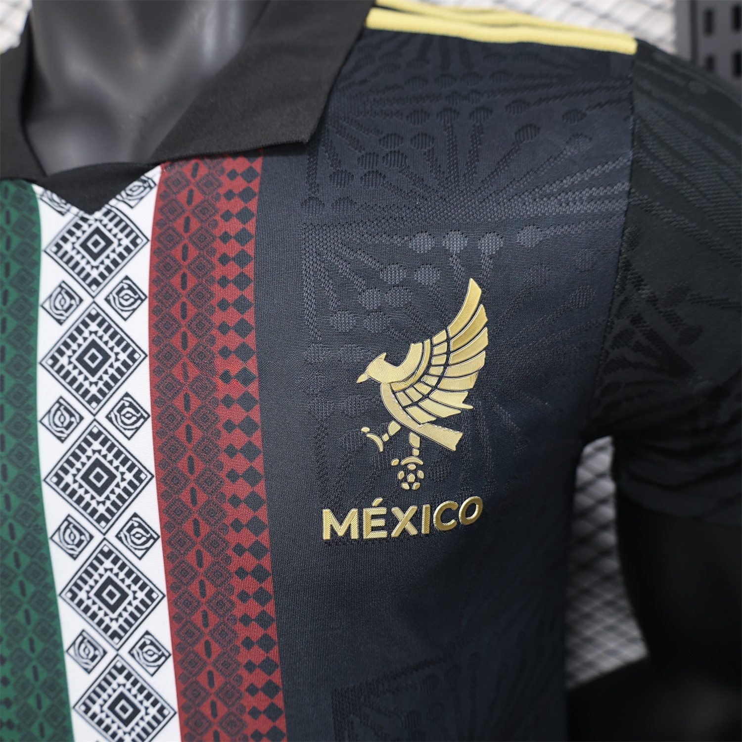 Mexico 25-26 Black Polo Jersey with Red White and Green Decorative Pattern - Player Version - UnitedFutballJersey
