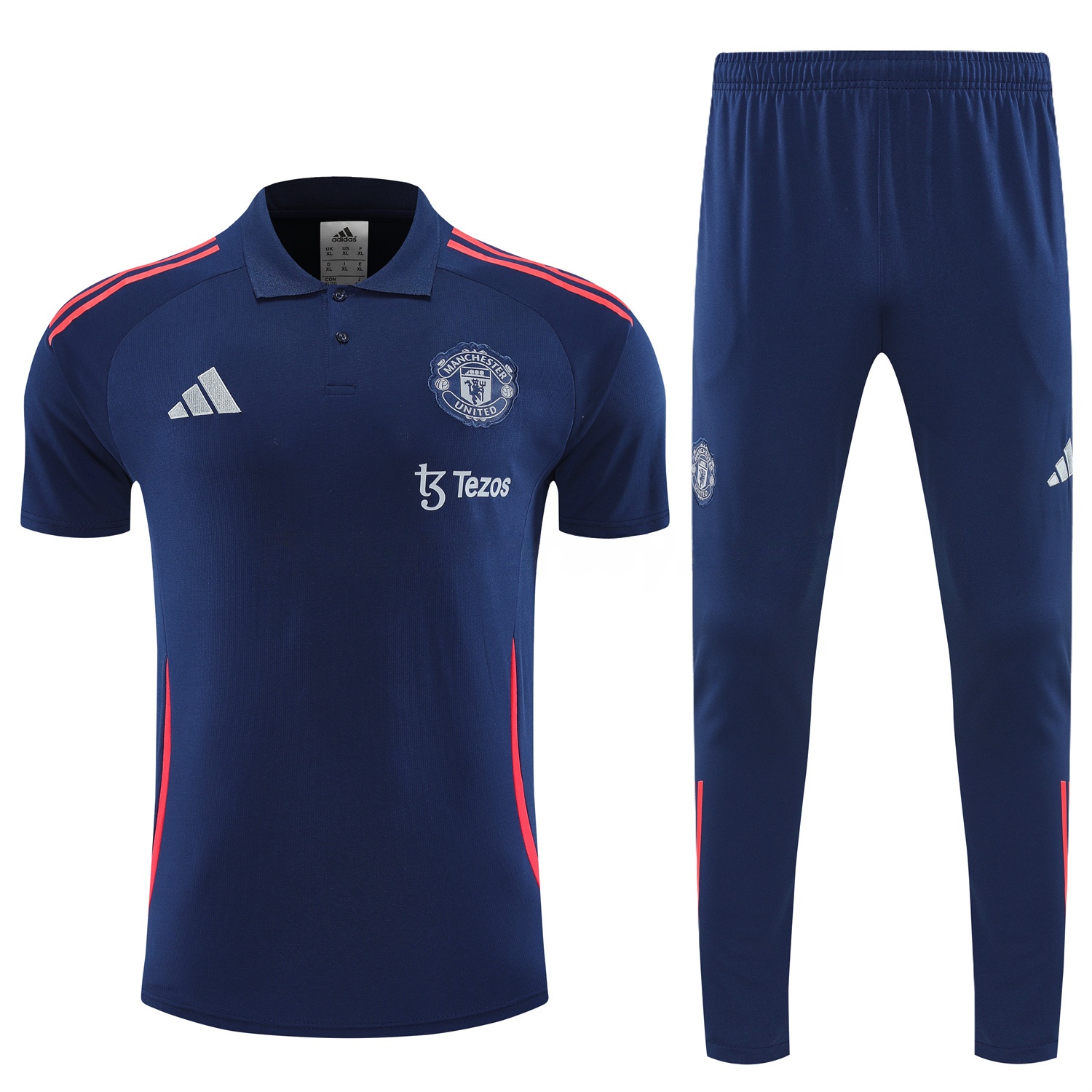 Manchester United 25-26 POLO Short-Sleeve Training Set - Deep Blue Top and Pants with Red Stripes - UnitedFutballJersey