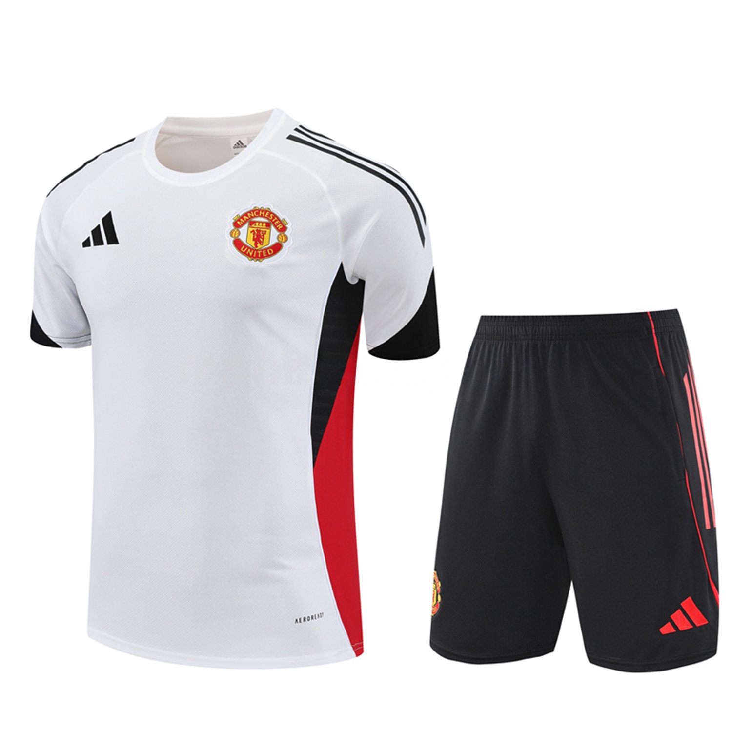 Manchester United 25-26 Short-Sleeve Training Set - White Top & Black Shorts - UnitedFutballJersey