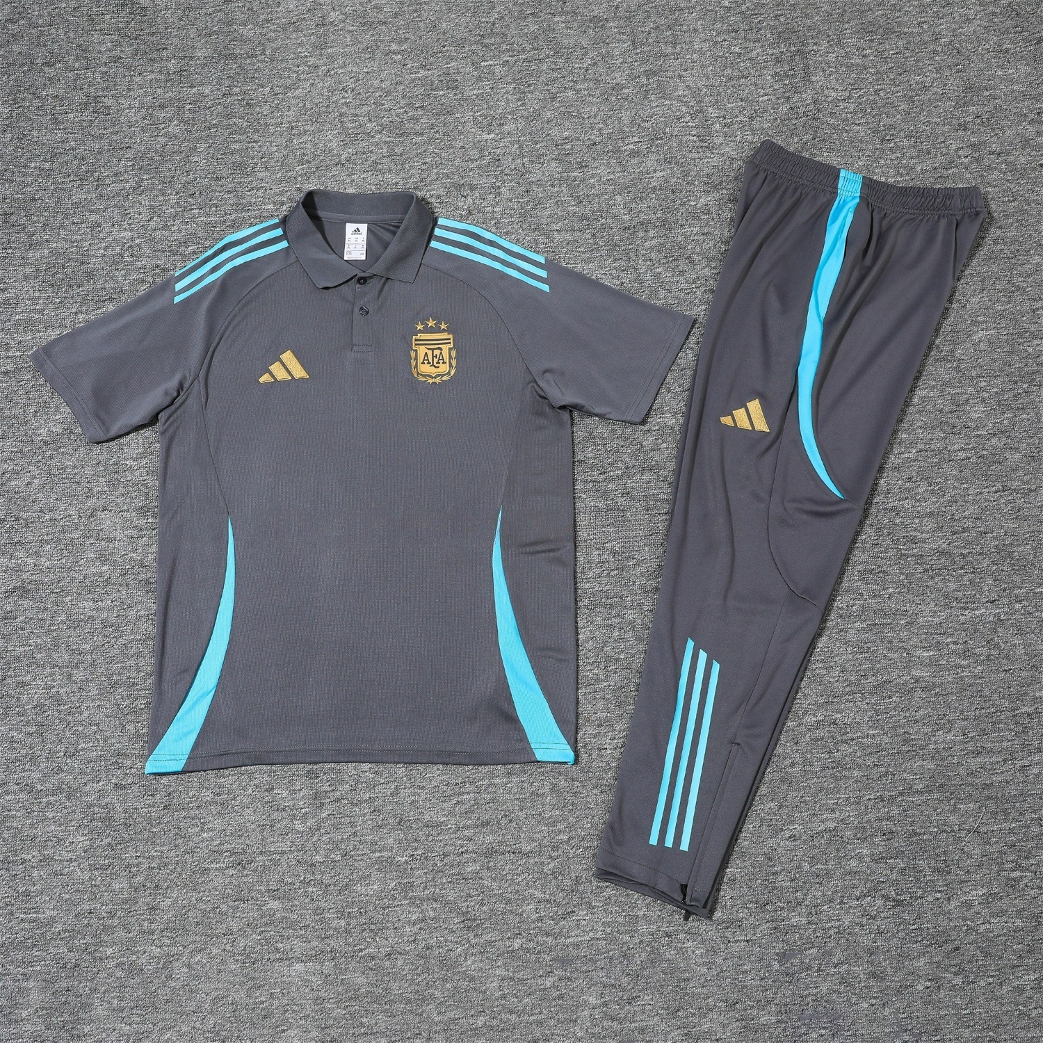 Argentina 25-26 POLO Short-Sleeve Training Set - Grey Top and Pants with Blue Stripes - UnitedFutballJersey