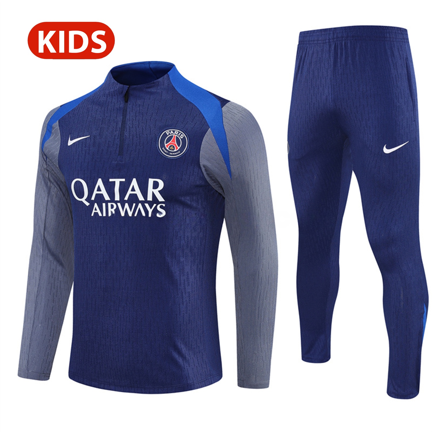 Paris Saint-Germain PSG 25-26 Kid Long Sleeves Training Set - Royal Blue Gray Sleeves Top & Royal Blue Pants - UnitedFutballJersey
