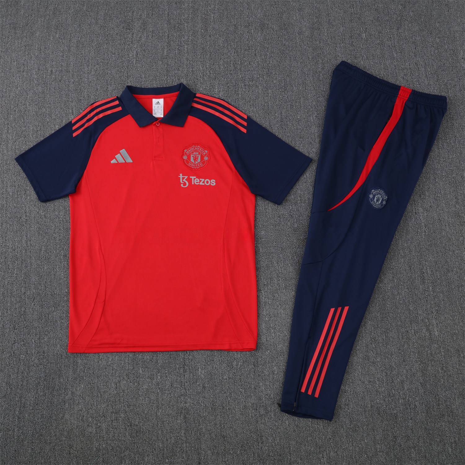 Manchester United 25-26 POLO Short-Sleeve Training Set - Red Top and Deep Blue Pants - UnitedFutballJersey