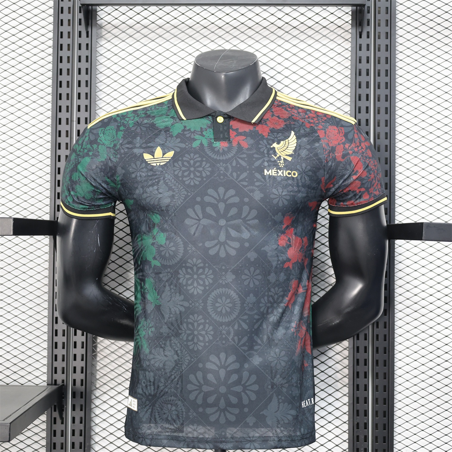Mexico 25-26 Black Polo Jersey with Red and Green Floral Pattern - Player Version - UnitedFutballJersey