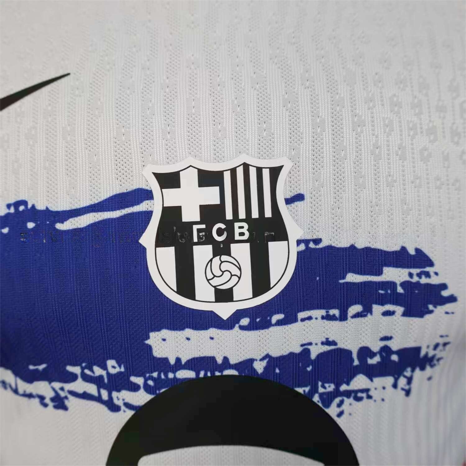 B.A.R.S.A 25-26 White Jersey with Red Blue Ink Horizontal Stripes Jersey - Player Version - UnitedFutballJersey