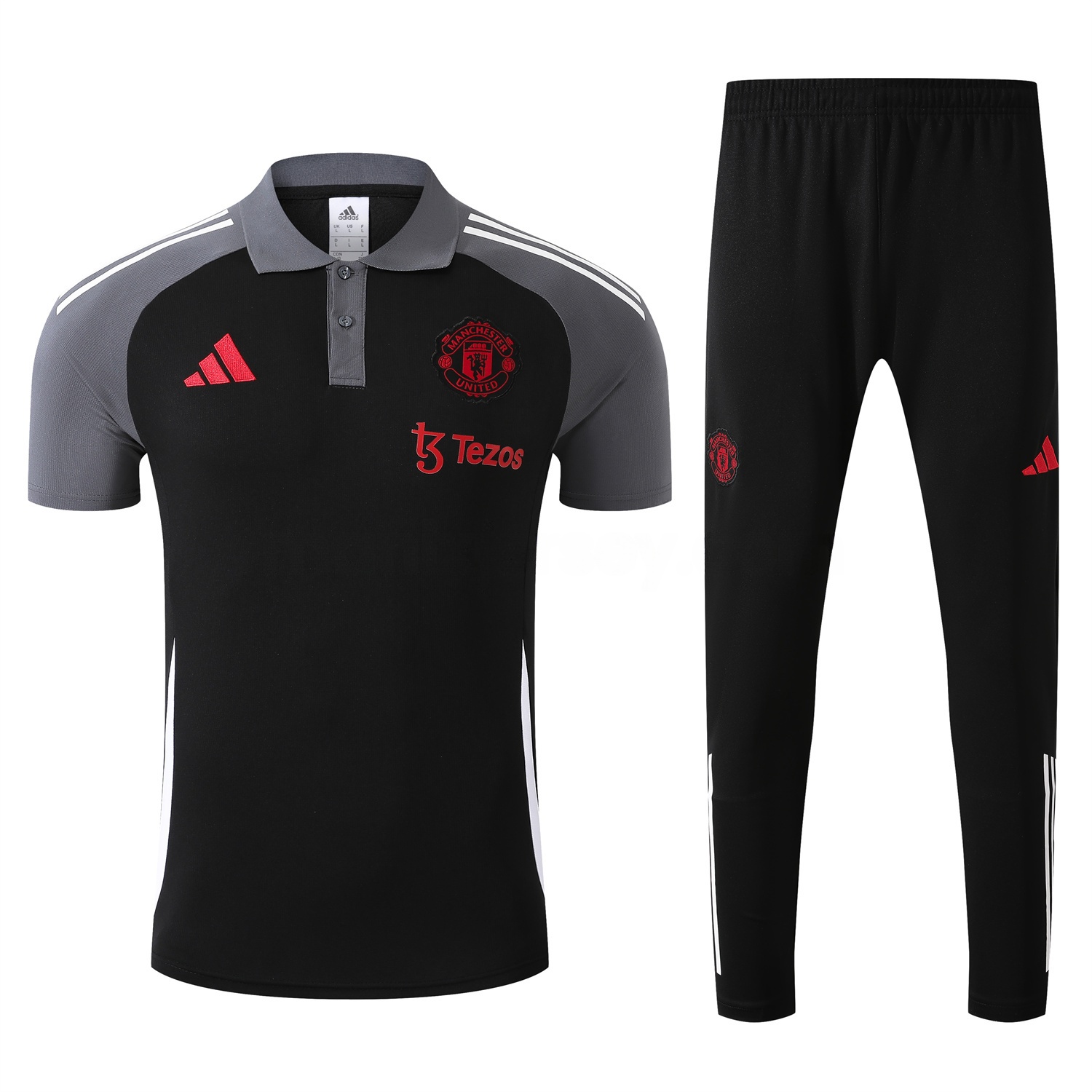 Manchester United 25-26 POLO Short-Sleeve Training Set - Black Top and Pants with White Stripes - UnitedFutballJersey