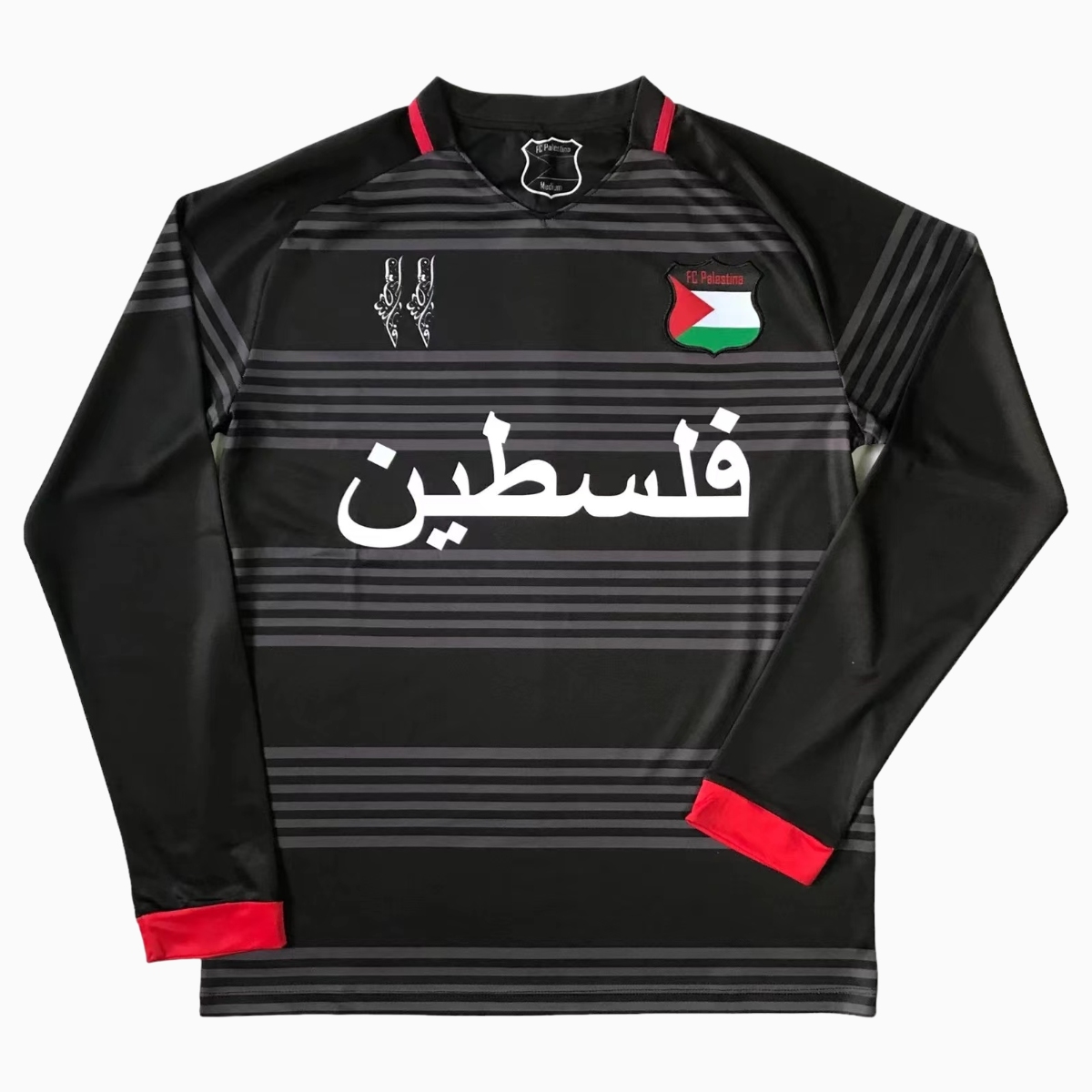 FC Palestina 24-25 Black and Grey Striped Long Sleeve Jersey Jersey with Arabic and Pattern - UnitedFutballJersey