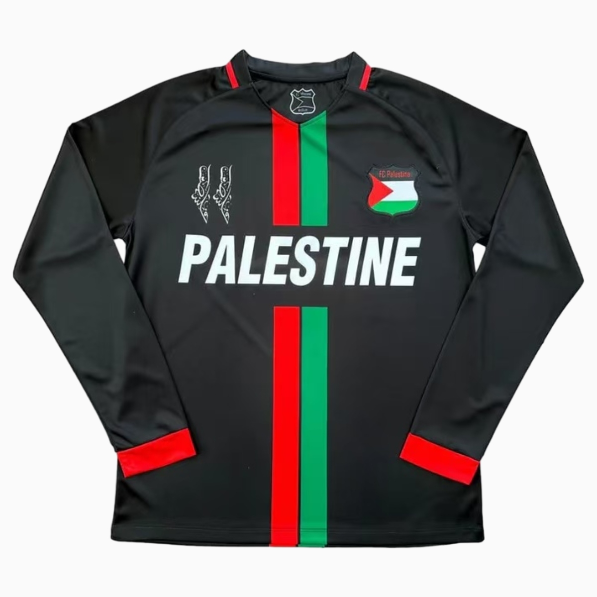 FC Palestina 24-25 Black Centre Striped Long Sleeve Jersey with English and Pattern - UnitedFutballJersey