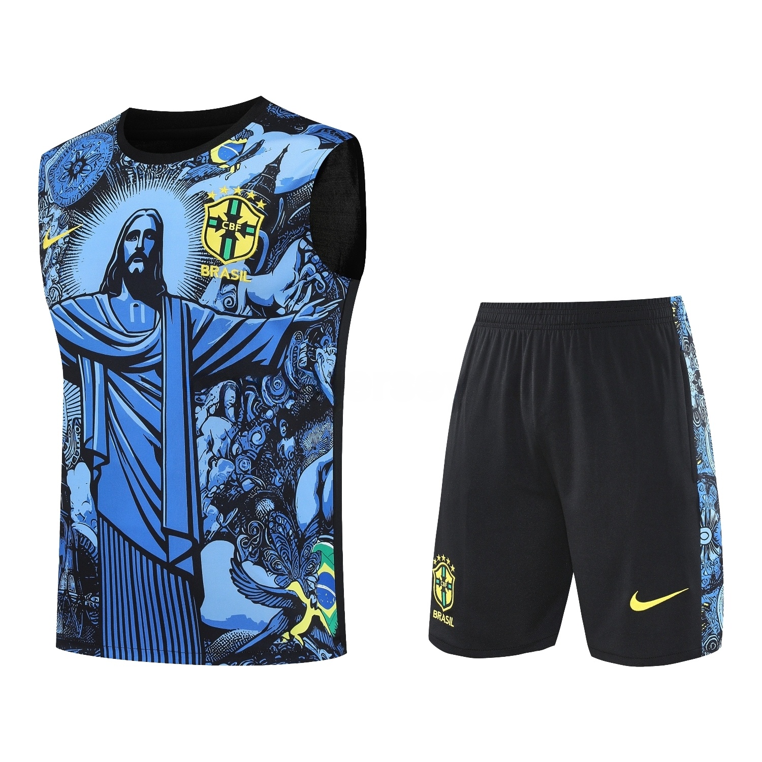 Brazil 25-26 Blue Jesus Statue Vest Training Set - Blue Vest & Black Shorts - UnitedFutballJersey