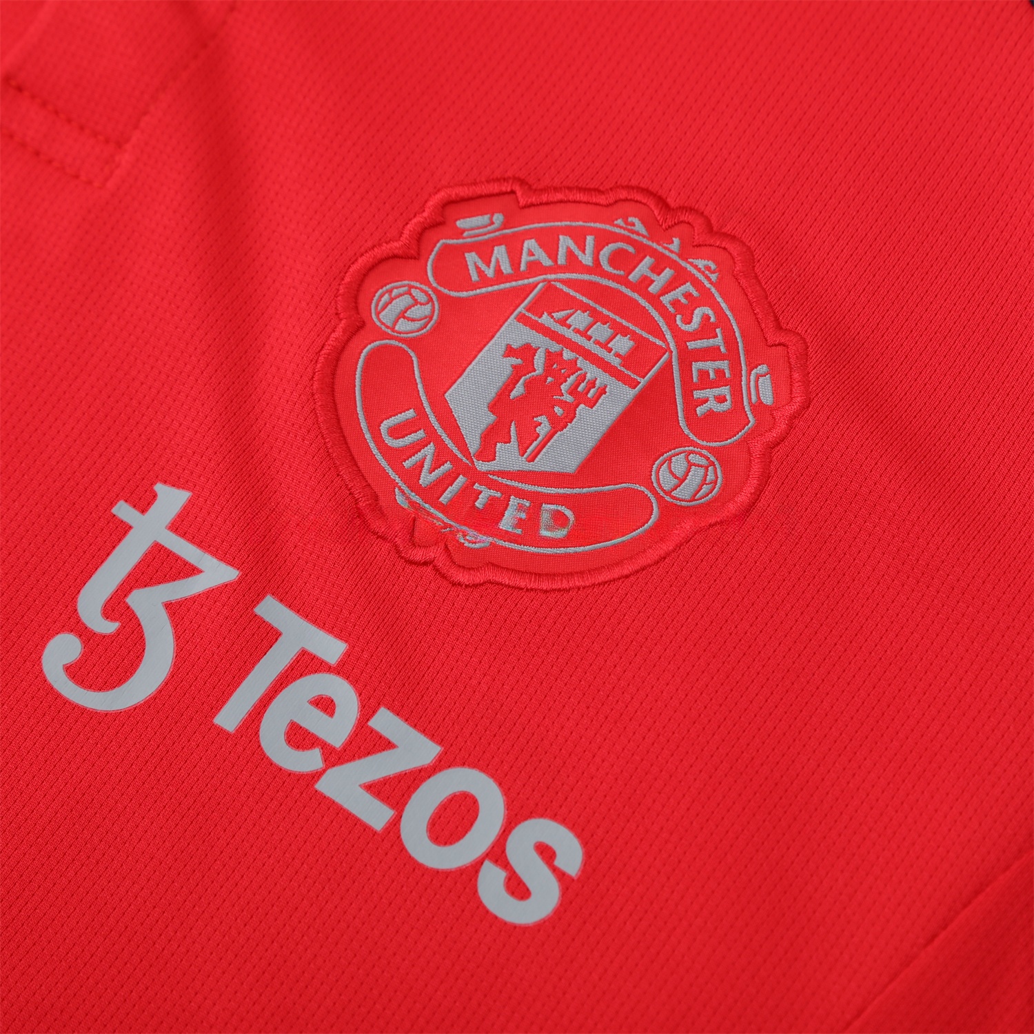 Manchester United 25-26 POLO Short-Sleeve Training Set - Red Top and Deep Blue Pants - UnitedFutballJersey