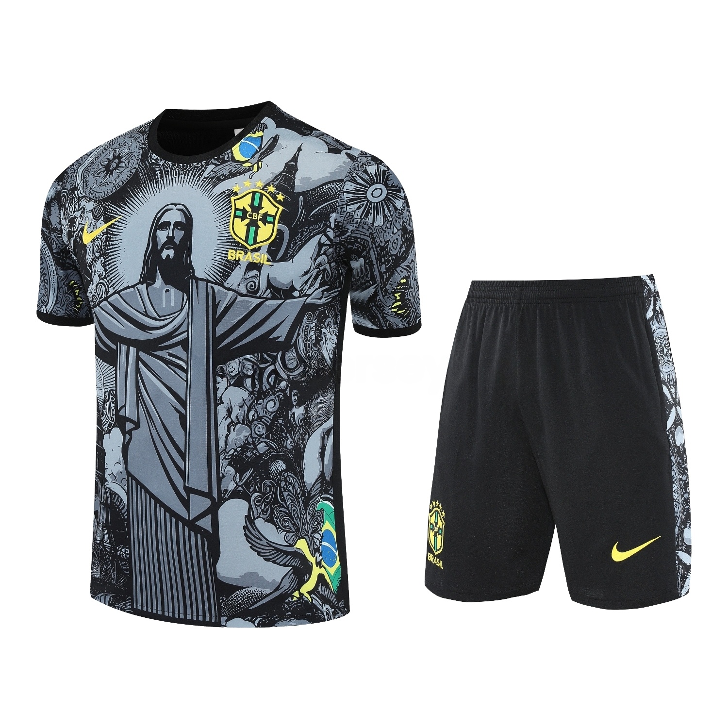Brazil 25-26 Gray Jesus Statue Short-Sleeve Training Set - Gray Top & Black Shorts - UnitedFutballJersey