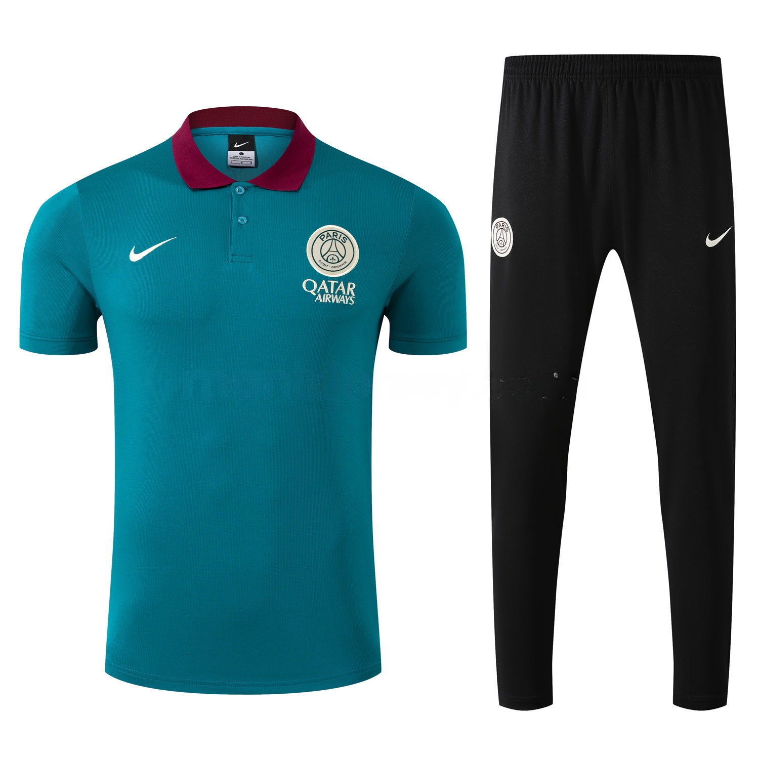Paris Saint-Germain PSG 25-26 POLO Short-Sleeve Training Set - Blue Green Top and Black Pants - UnitedFutballJersey