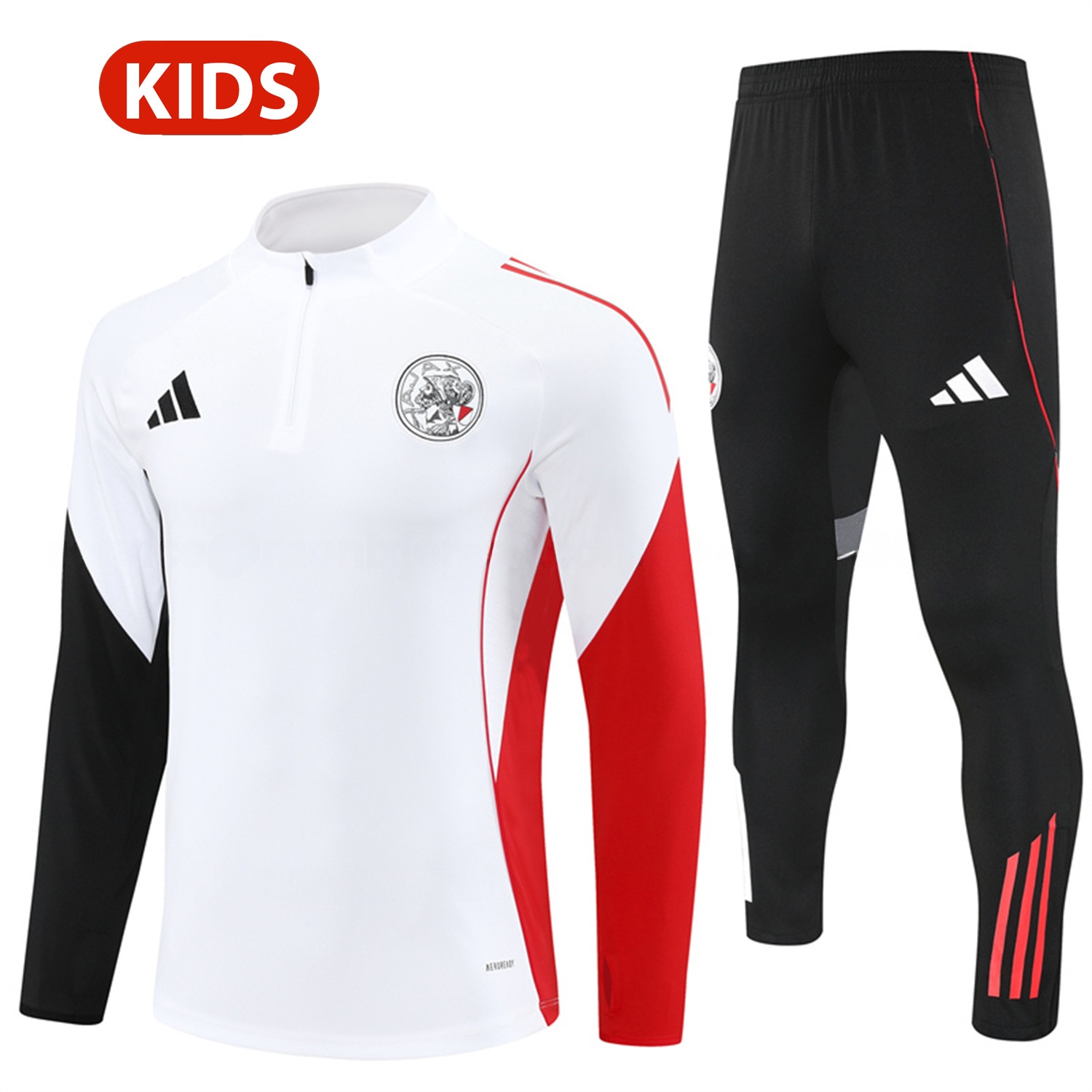 Ajax 25-26 Kids Long Sleeve Training Set - White Top and Black Pants - UnitedFutballJersey