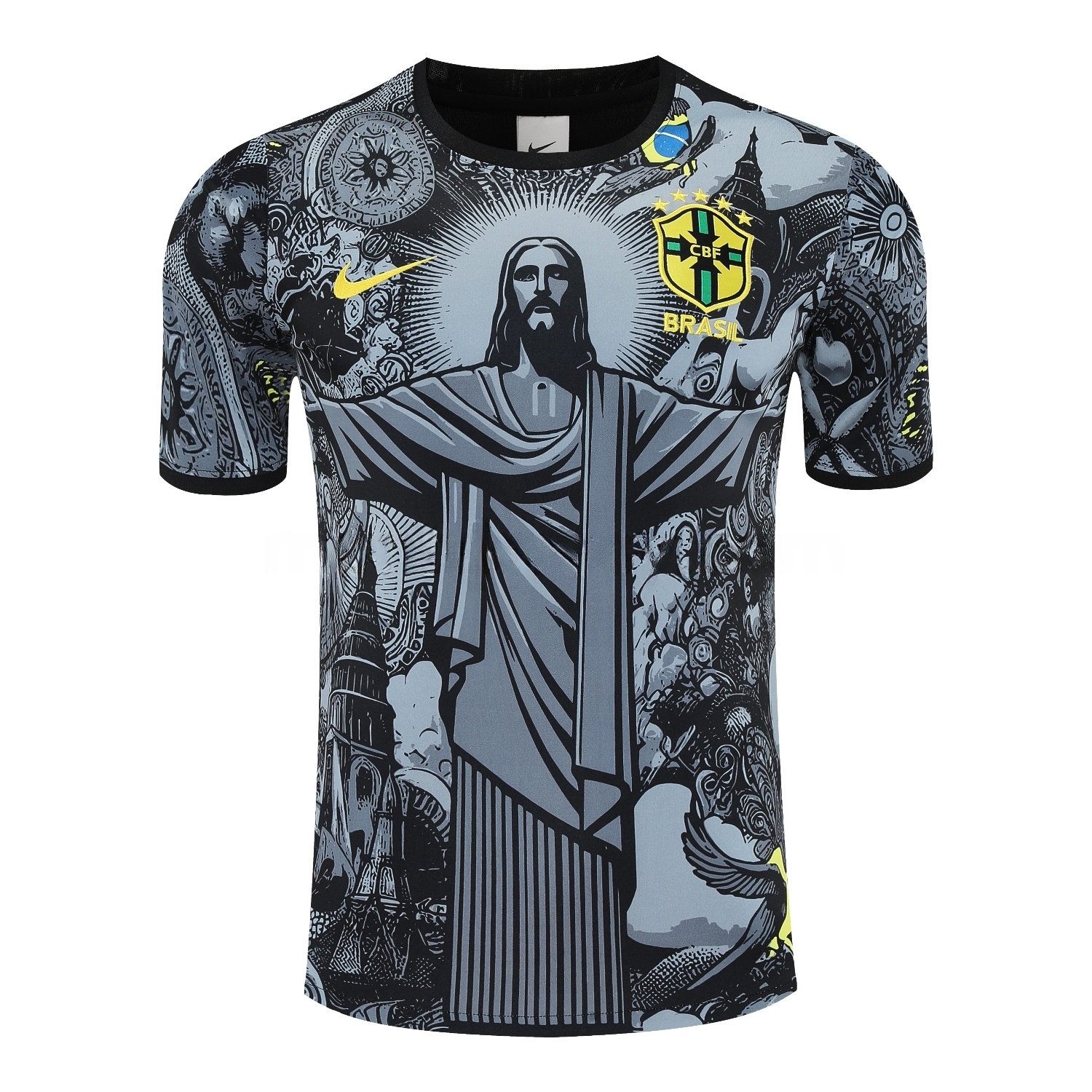 Brazil 25-26 Gray Jesus Statue Short-Sleeve Training Set - Gray Top & Black Shorts - UnitedFutballJersey