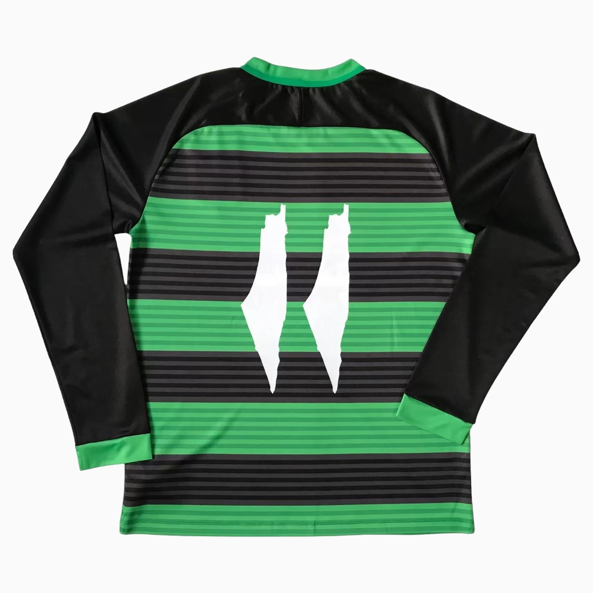 FC Palestina 24 - 25 Black and Green Horizontal Striped Long Sleeve Jersey - With Arabic and Patterns - UnitedFutballJersey